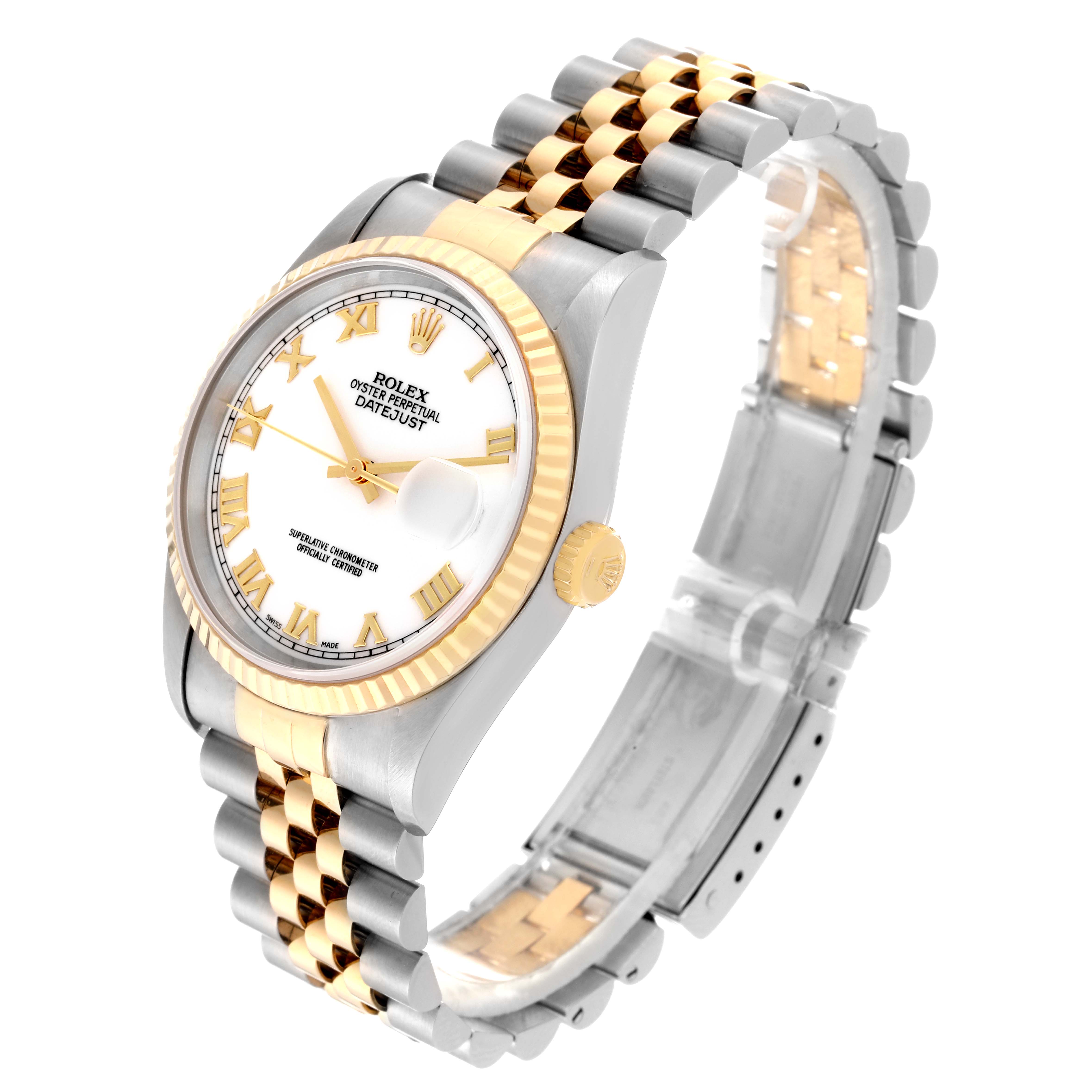 The Rolex Datejust 16233 Men's Steel and Gold (two tone) White Dial 16233 Men's Steel and Gold (two tone) White Dial watch is shown from a slight side angle, displaying the dial, bezel, crown, and multi-tone bracelet.