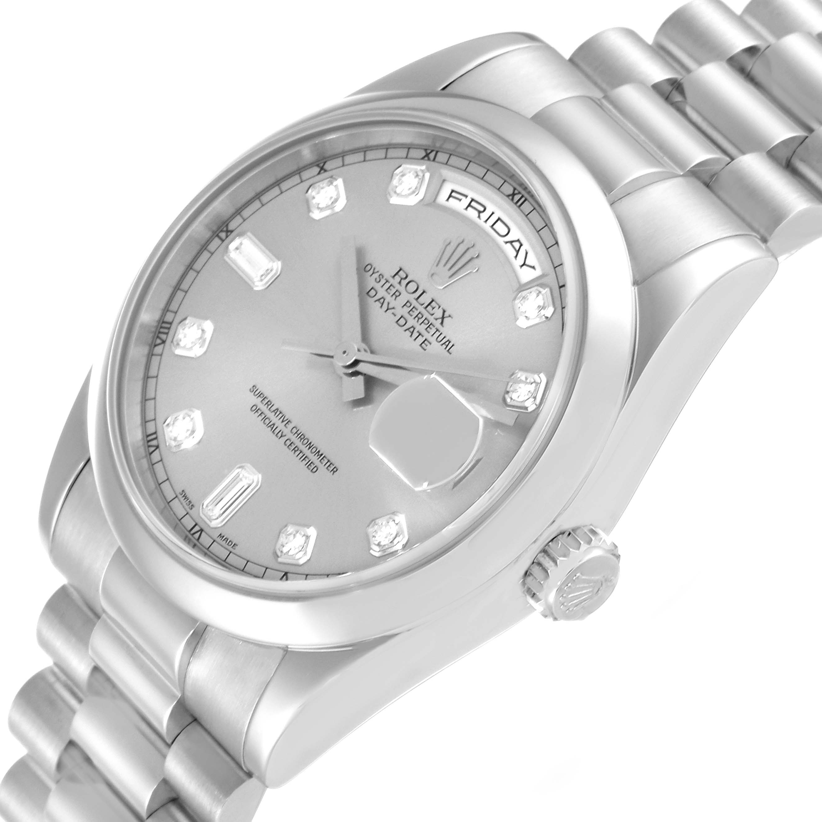 The image shows a side angle of the Rolex President 118206 Men's Platinum Silver Dial 118206 Men's Platinum Silver Dial model's face and part of the bracelet, highlighting the crown and day/date features.