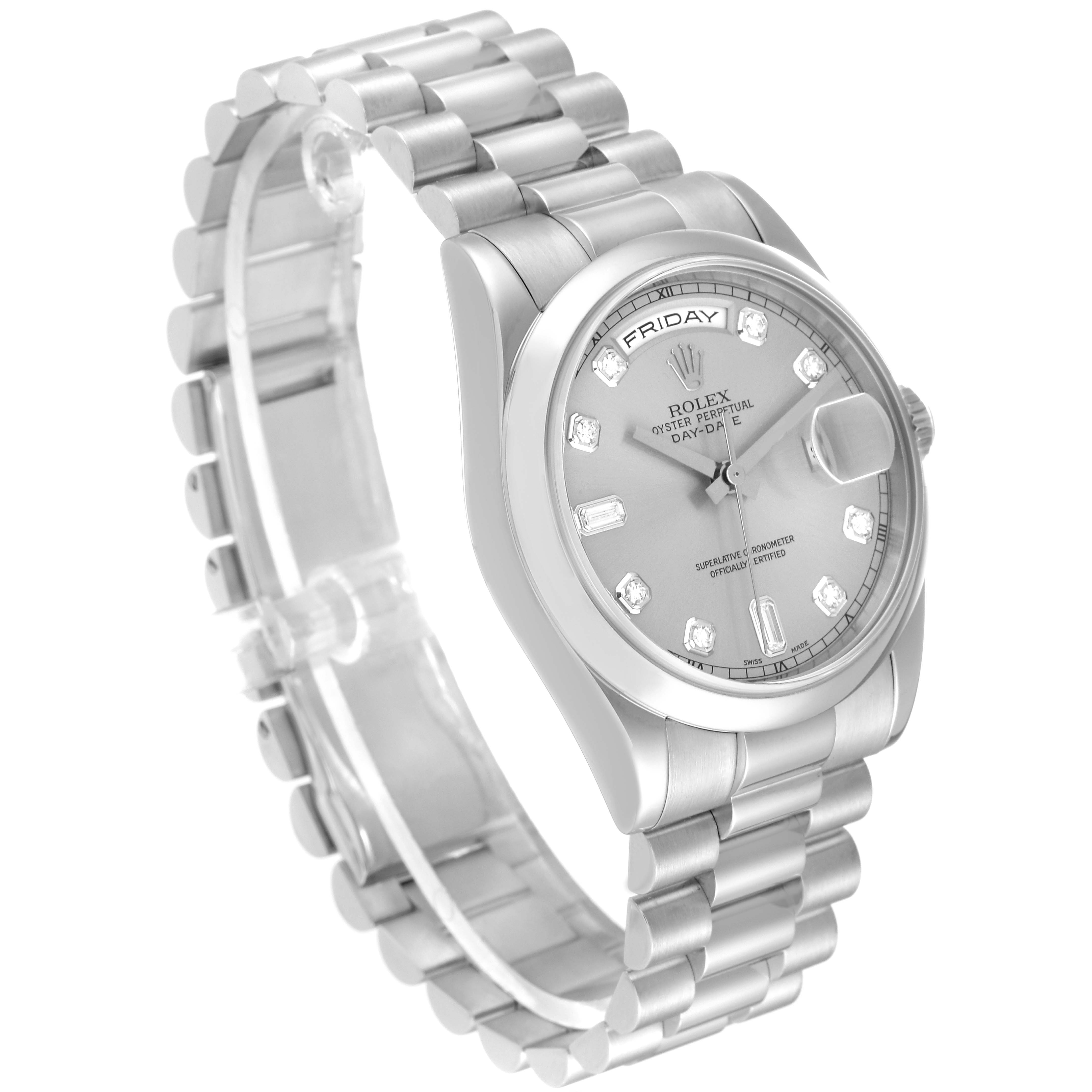 The image shows a Rolex President 118206 Men's Platinum Silver Dial 118206 Men's Platinum Silver Dial model watch at an angled view, highlighting the face, bracelet, and clasp.