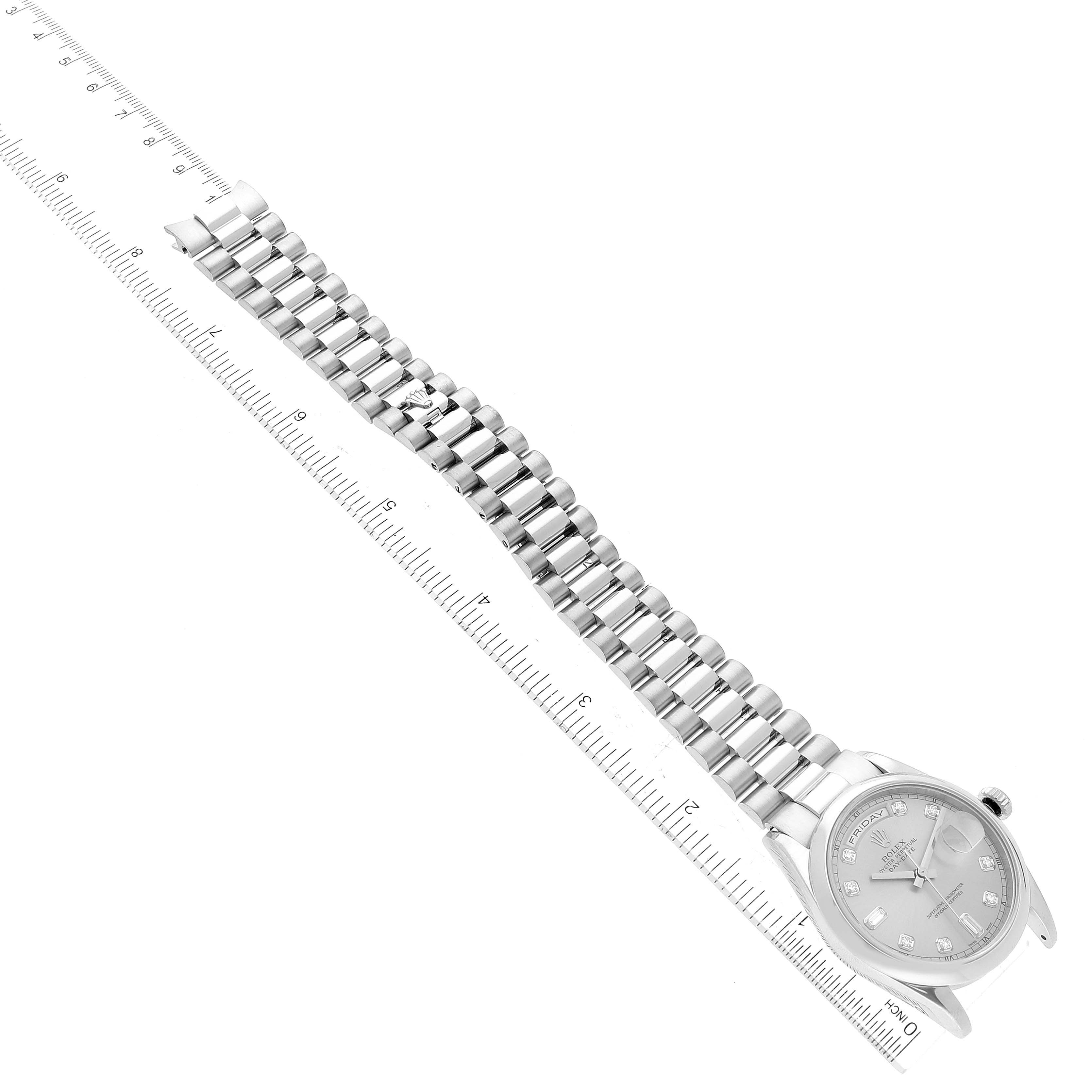 The image shows a Rolex President 118206 Men's Platinum Silver Dial 118206 Men's Platinum Silver Dial model watch from a top-down angle, displaying its face, case, and metal bracelet.