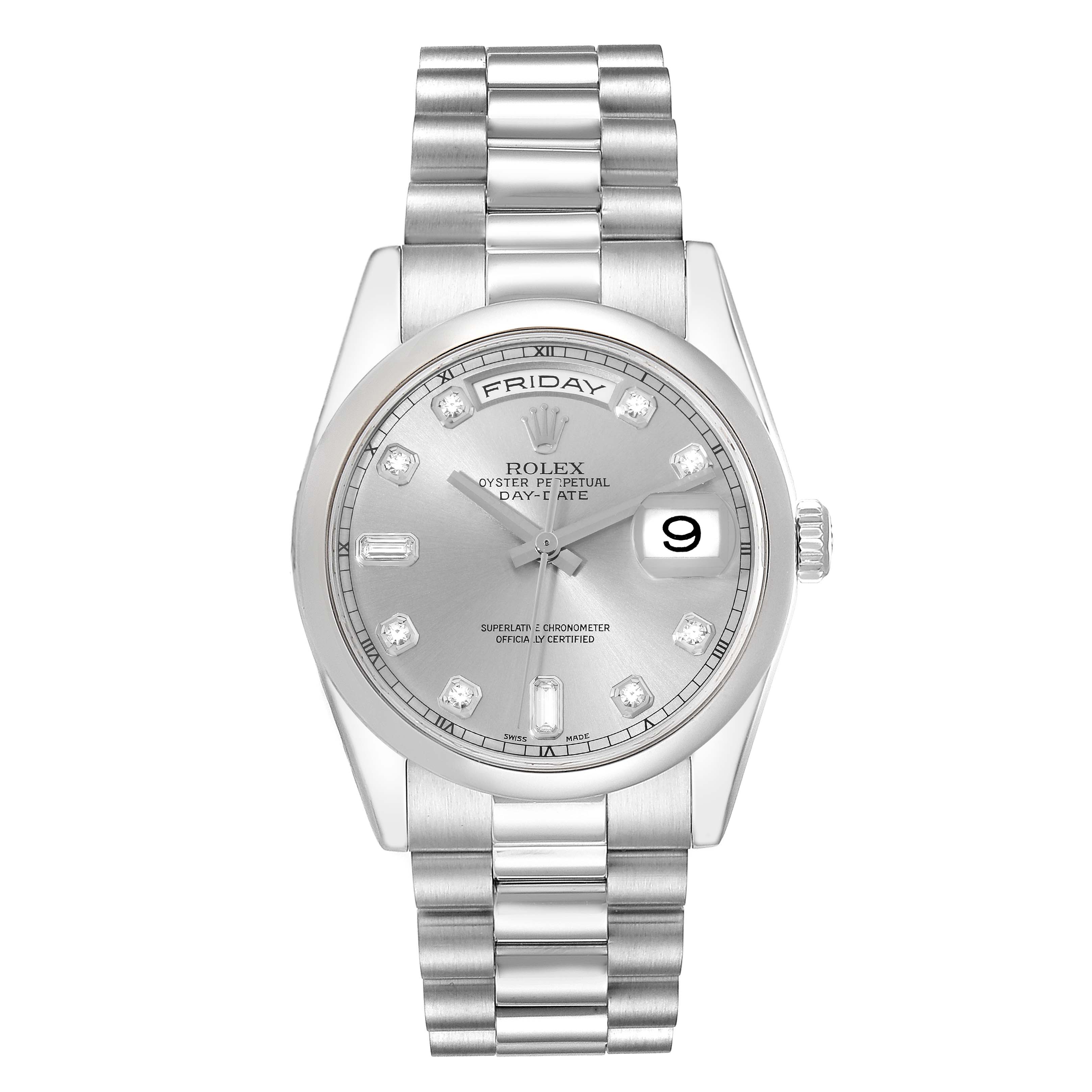 The image shows a front view of a Rolex President 118206 Men's Platinum Silver Dial 118206 Men's Platinum Silver Dial model watch, including the dial, hands, day-date display, and metal bracelet.