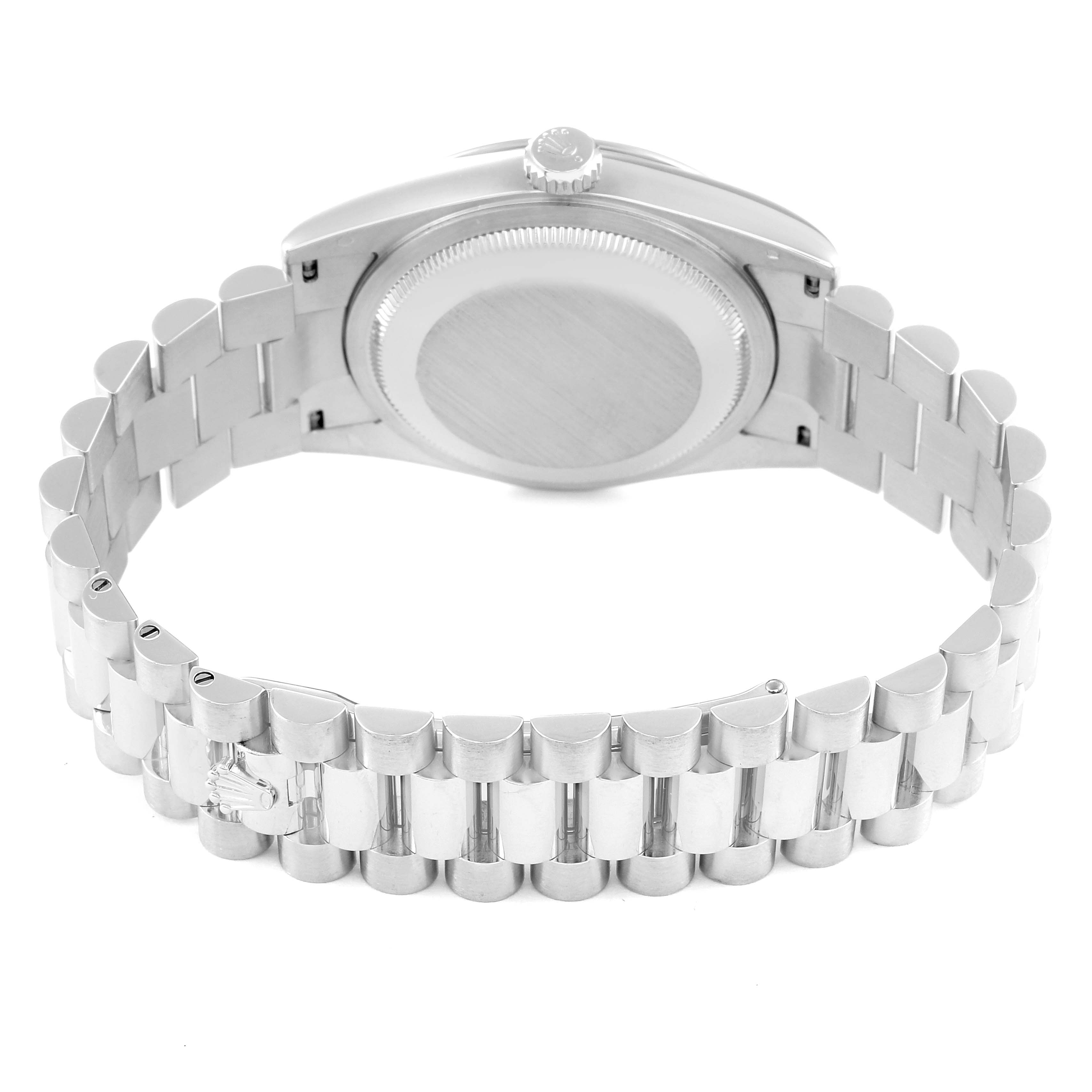 This is the back view of a Rolex President 118206 Men's Platinum Silver Dial 118206 Men's Platinum Silver Dial model watch, showing the case back and the linked bracelet.