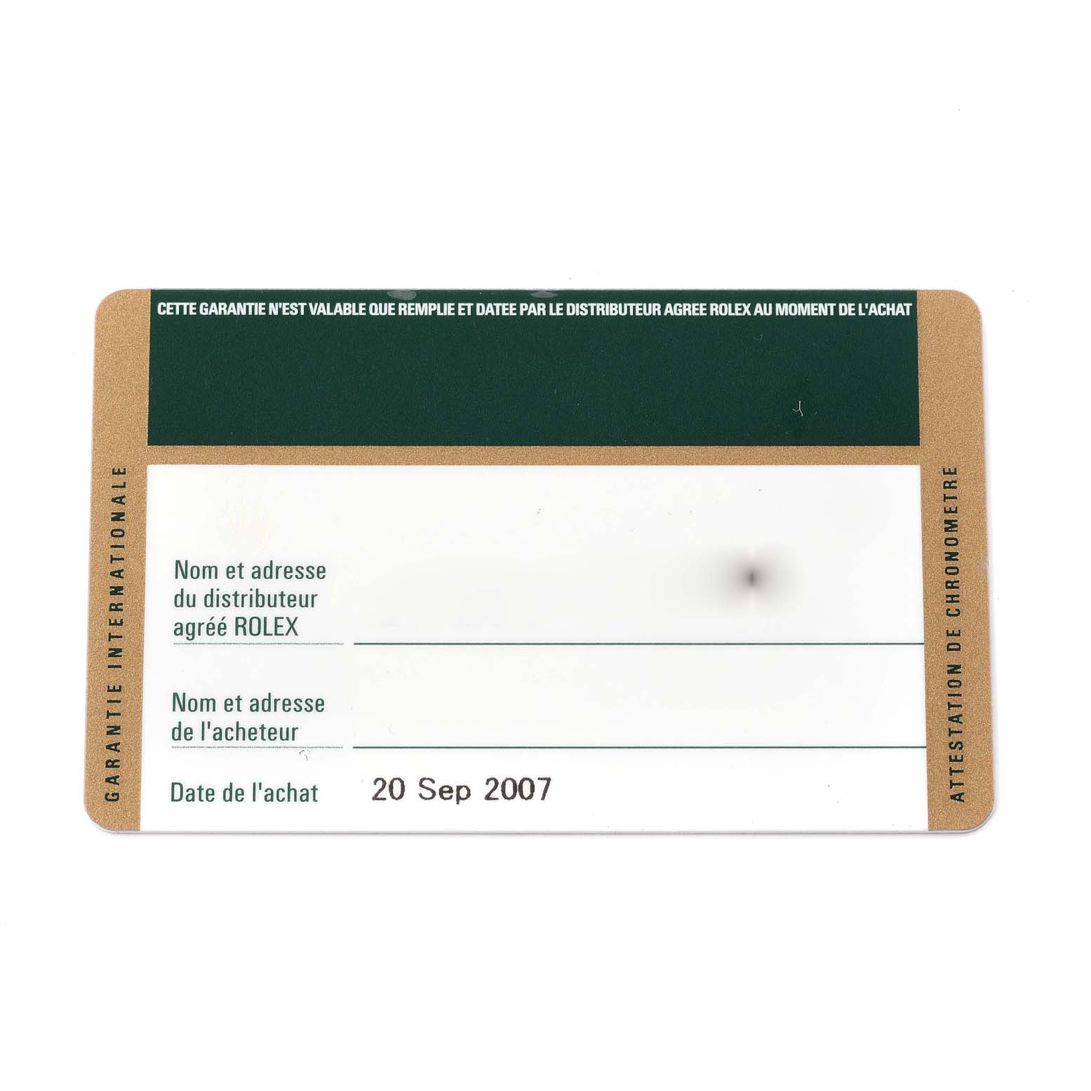 This image shows a warranty card for a Rolex President 118206 Men's Platinum Silver Dial 118206 Men's Platinum Silver Dial model, featuring purchase information and a date of purchase.