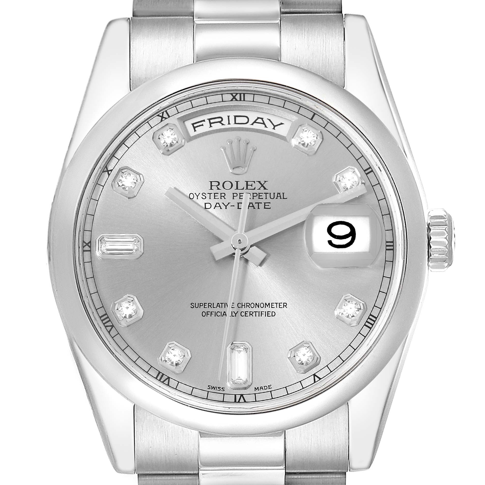 This Rolex President 118206 Men's Platinum Silver Dial 118206 Men's Platinum Silver Dial model watch is shown from a front angle, displaying the dial, day and date indicators, and part of the bracelet.