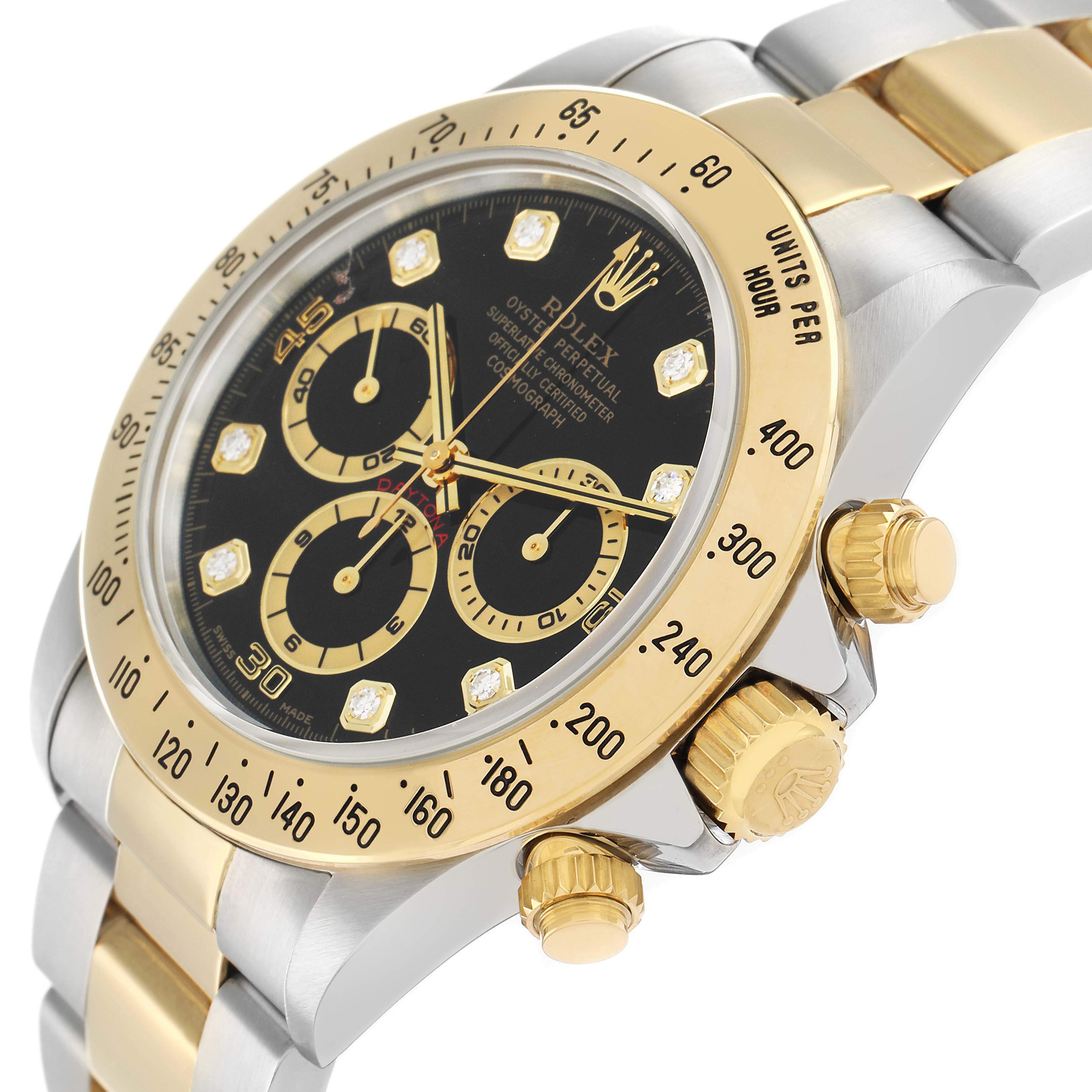 The Rolex Daytona 16523 Men
s Steel and Gold (two tone) Black Dial watch is shown at an angle highlighting the face, bezel, crown, and pushers, showcasing its gold and stainless steel design.