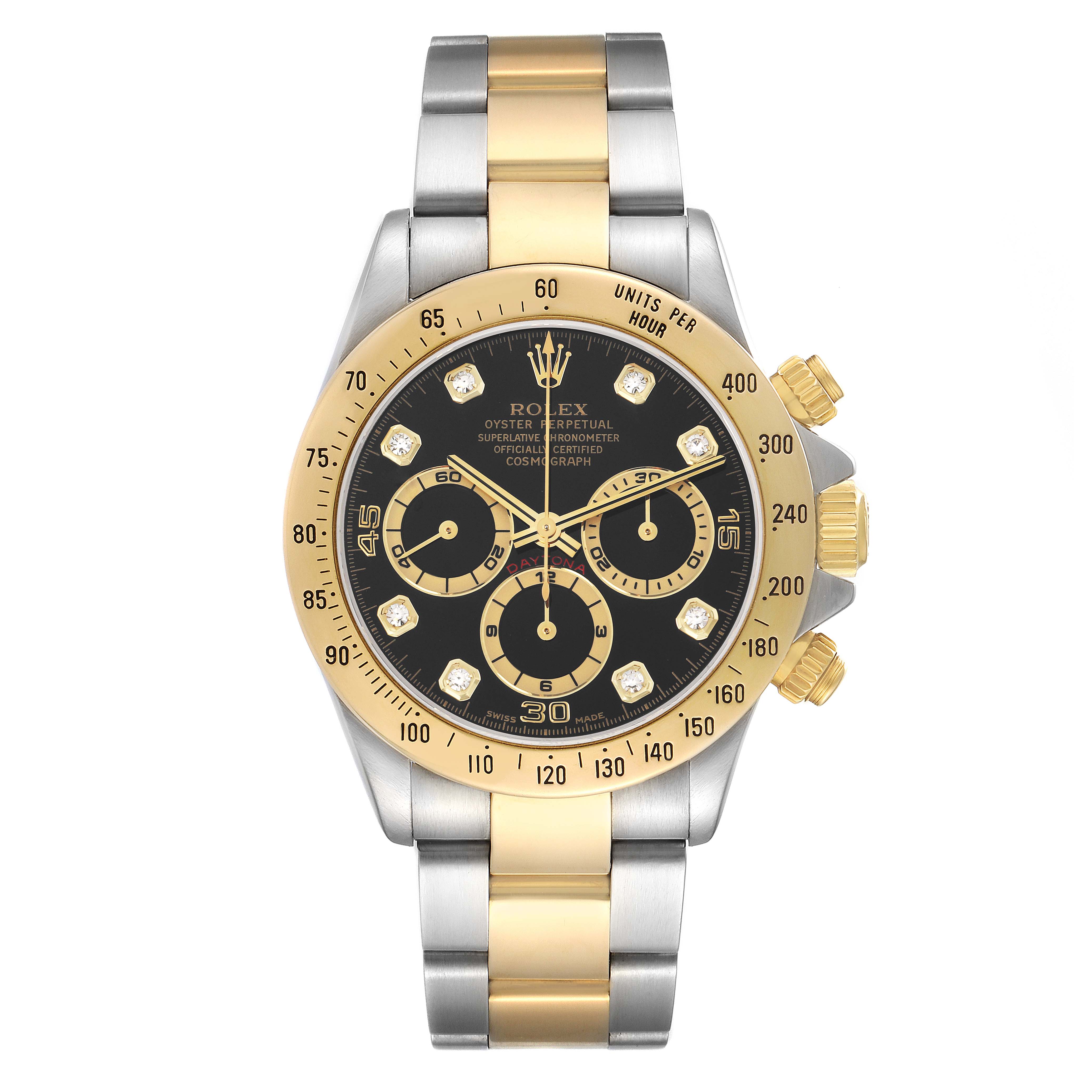 The Rolex Daytona 16523 Men
s Steel and Gold (two tone) Black Dial watch is shown from the front, displaying the face, bezel, chronograph subdials, and bracelet.