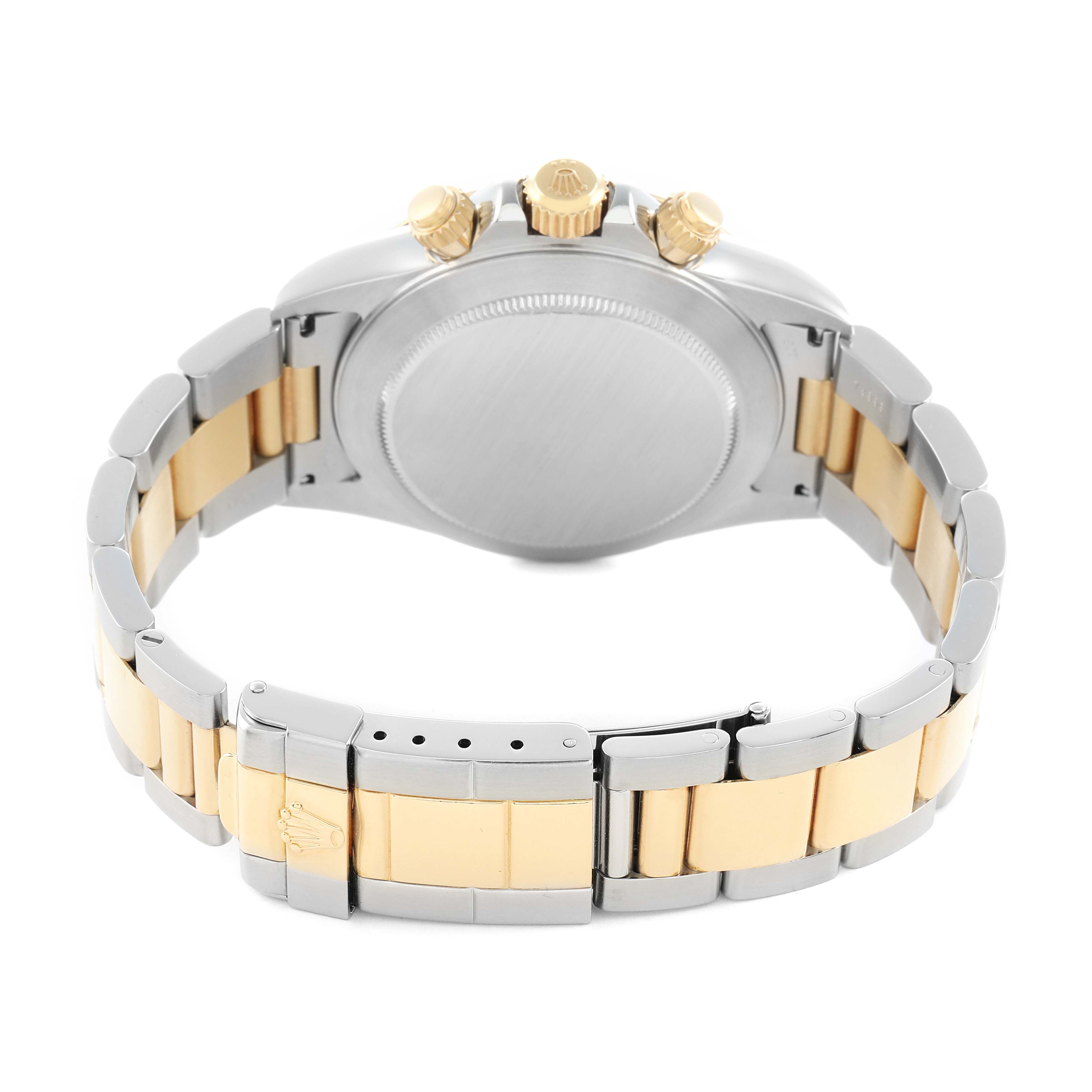 The Rolex Daytona 16523 Men
s Steel and Gold (two tone) Black Dial watch is shown from the back angle, displaying the bracelet, clasp, and case with gold crown and pushers.