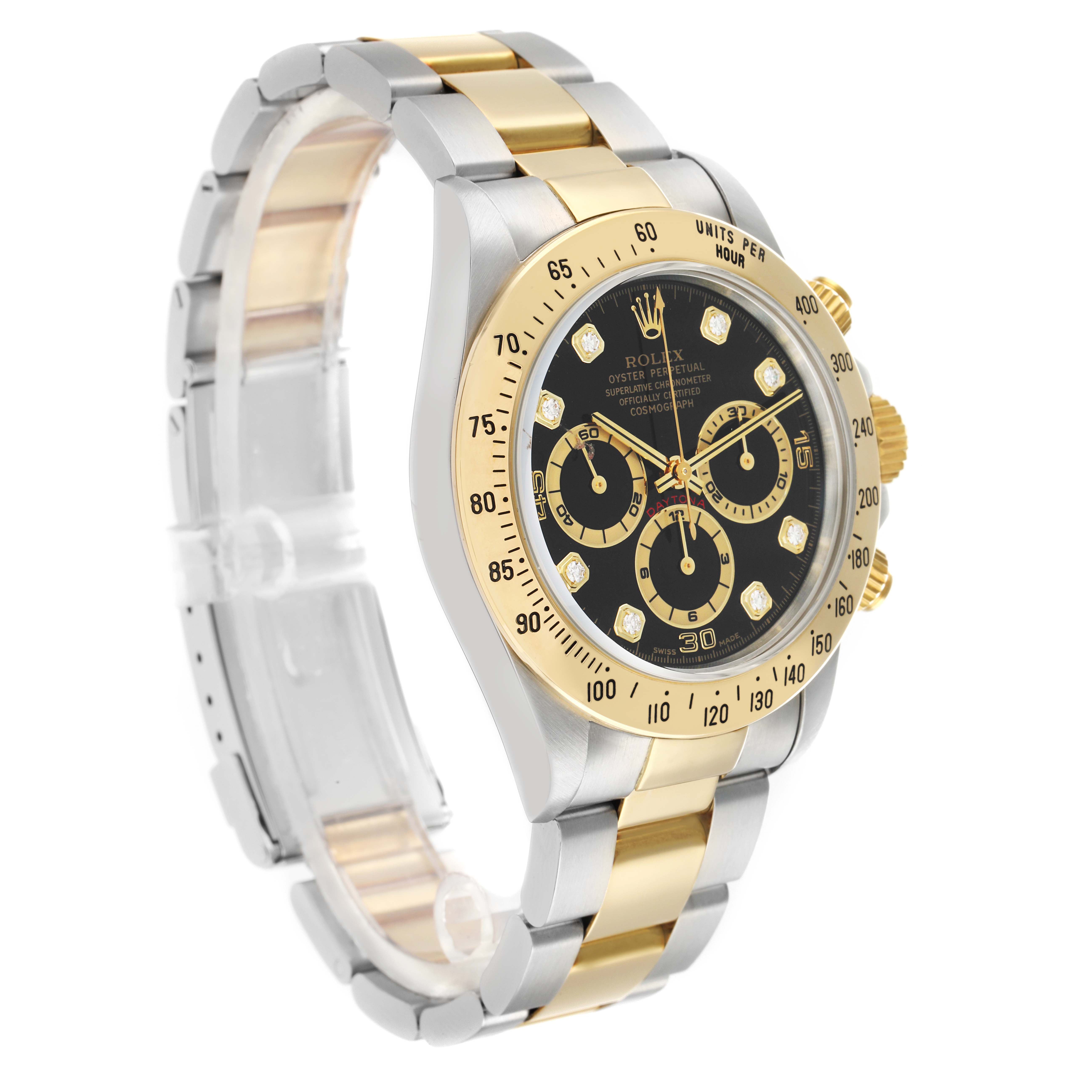 The Rolex Daytona 16523 Men
s Steel and Gold (two tone) Black Dial watch is shown at a slight angle, highlighting the bezel, dial, crown, and bracelet links.
