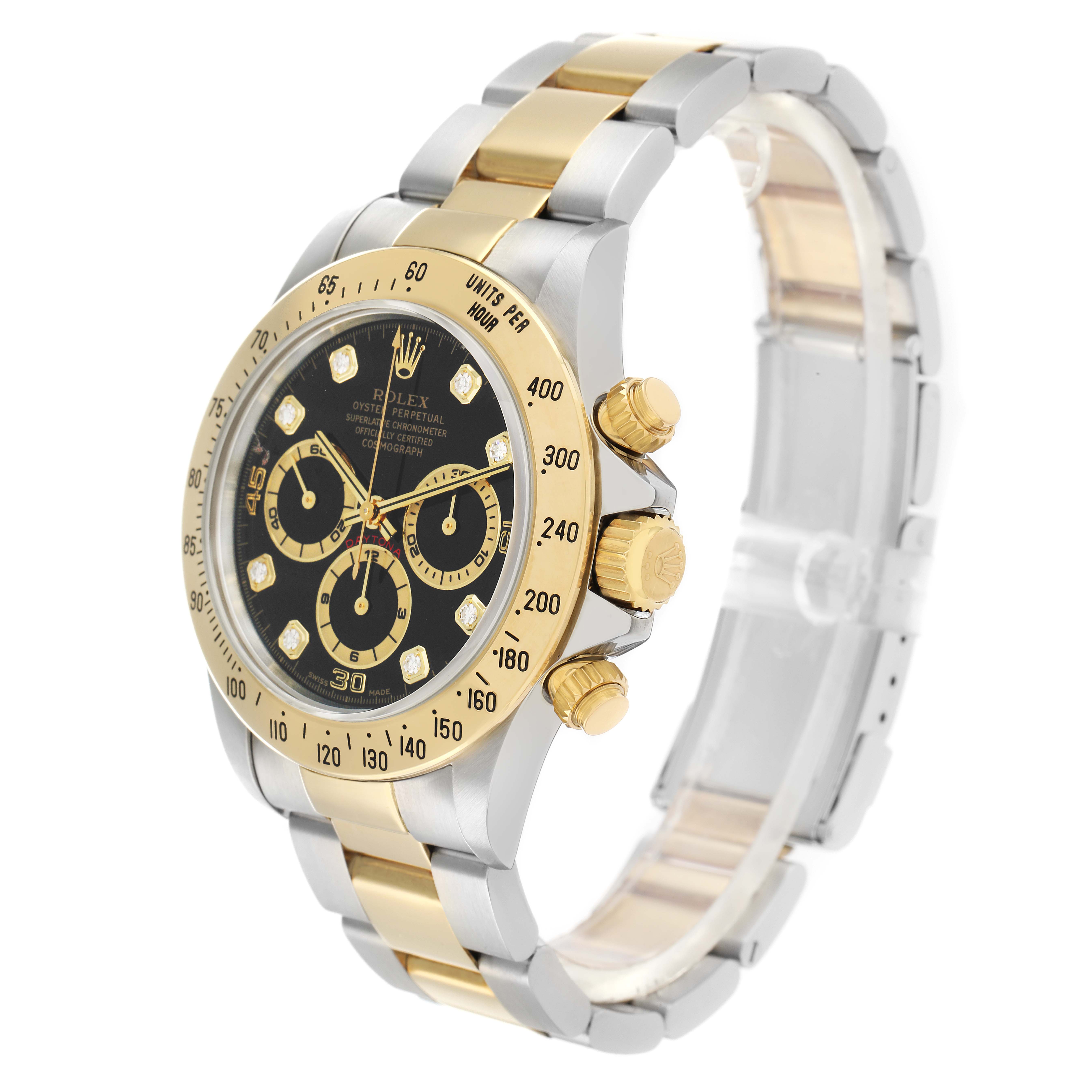 The Rolex Daytona 16523 Men
s Steel and Gold (two tone) Black Dial is shown at a slight angle, highlighting the face, bezel, crown, and bracelet links.
