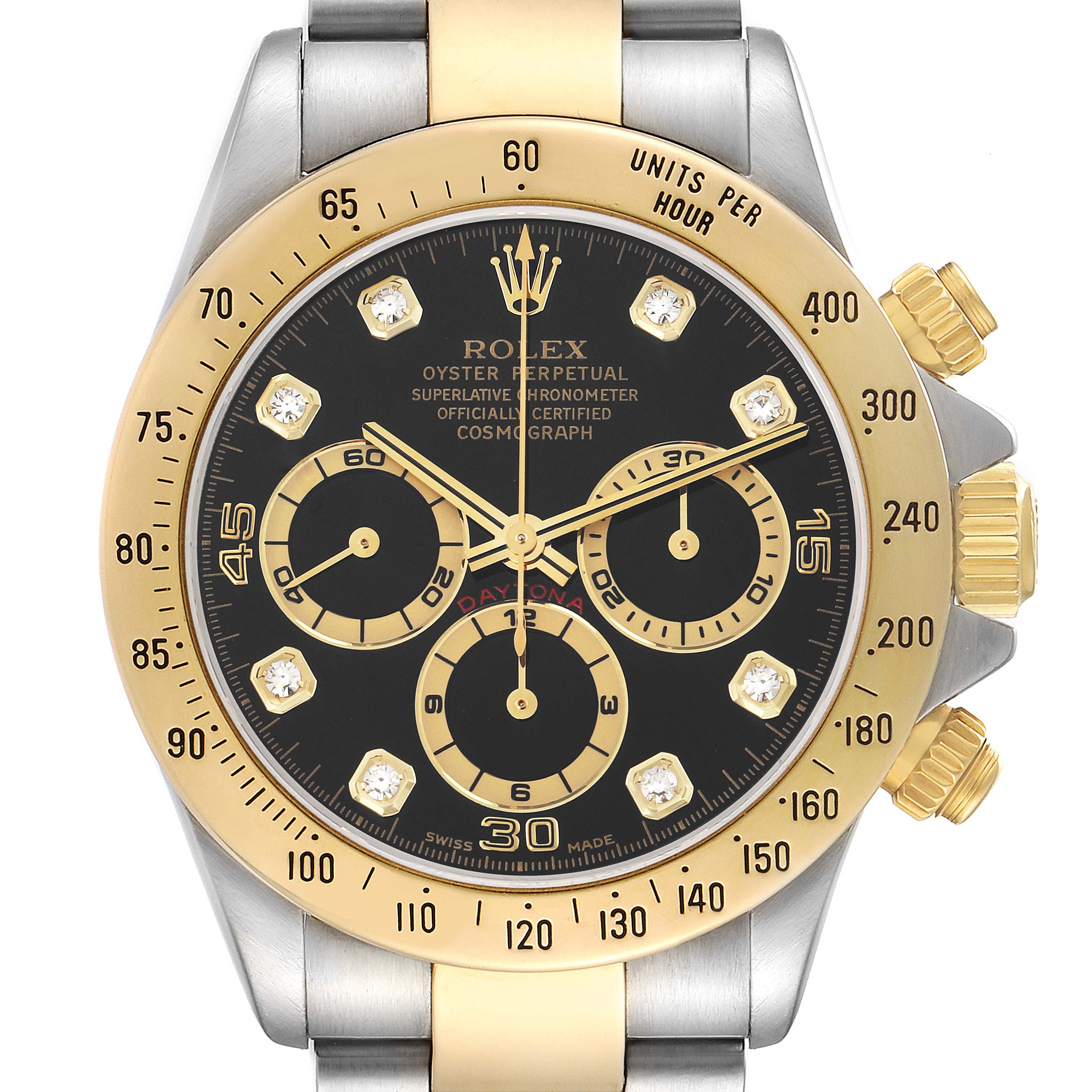 The Rolex Daytona 16523 Men
s Steel and Gold (two tone) Black Dial watch is shown from the front, displaying the dial, bezel, and pushers.