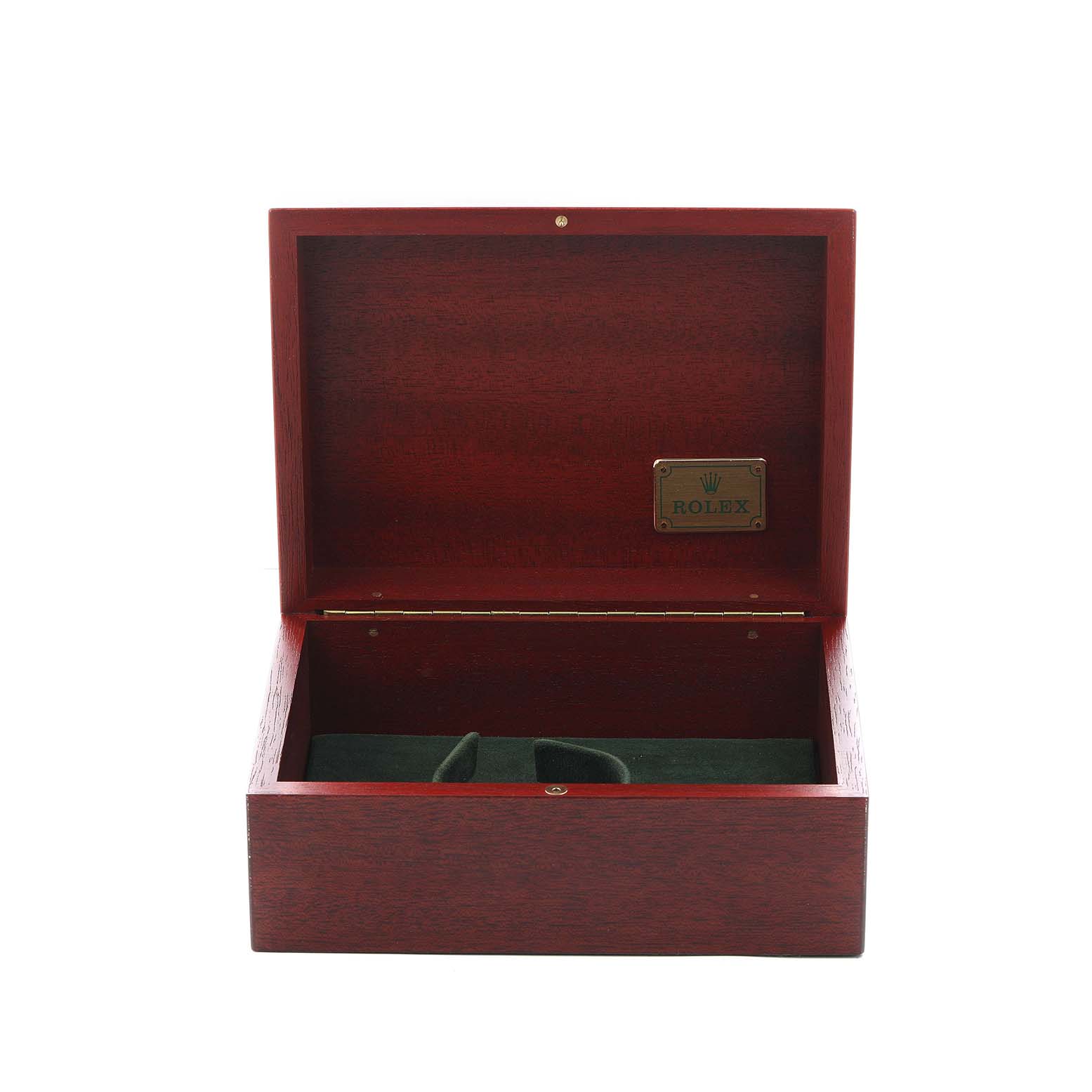 The image shows an open wooden box for a Rolex Daytona 16523 Men
s Steel and Gold (two tone) Black Dial watch, with a green interior and a Rolex plaque inside the lid.
