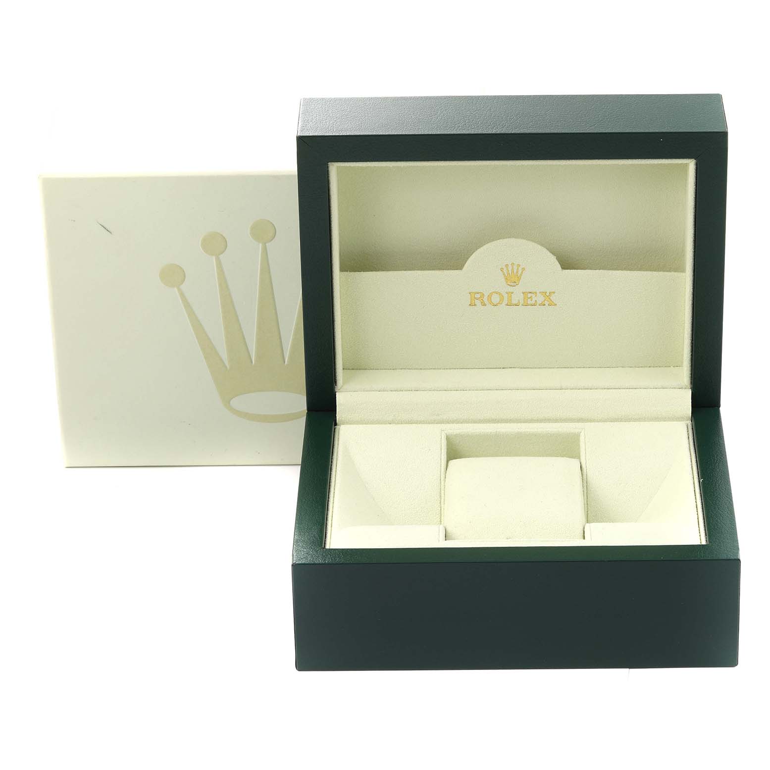 The image shows an open Rolex Daytona 116523 Men
s Steel and Gold (two tone) Blue Dial 116523 Men
s Steel and Gold (two tone) Blue Dial watch box with an exterior green cover and a beige interior.