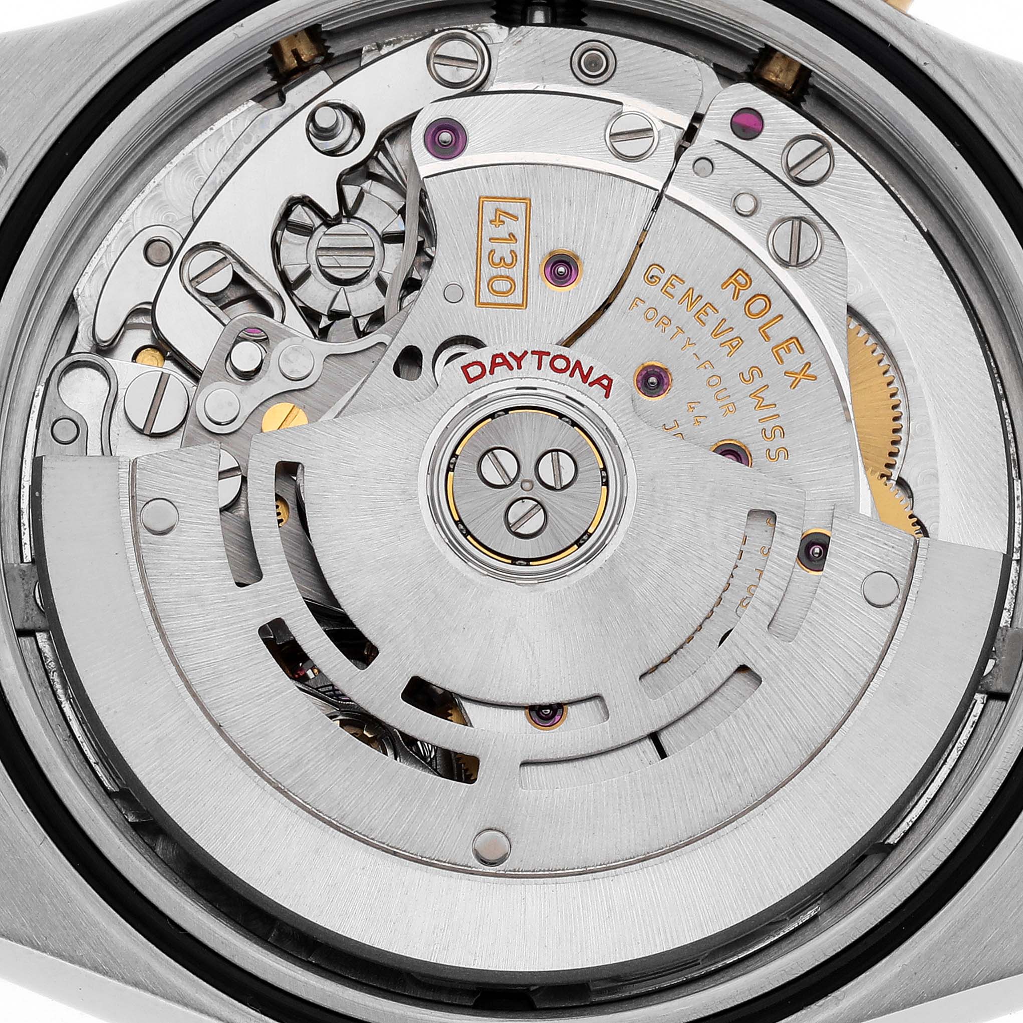 This image shows the intricate automatic movement and rotor of the Rolex Daytona 116523 Men
s Steel and Gold (two tone) Blue Dial 116523 Men
s Steel and Gold (two tone) Blue Dial watch model from a top-down angle.