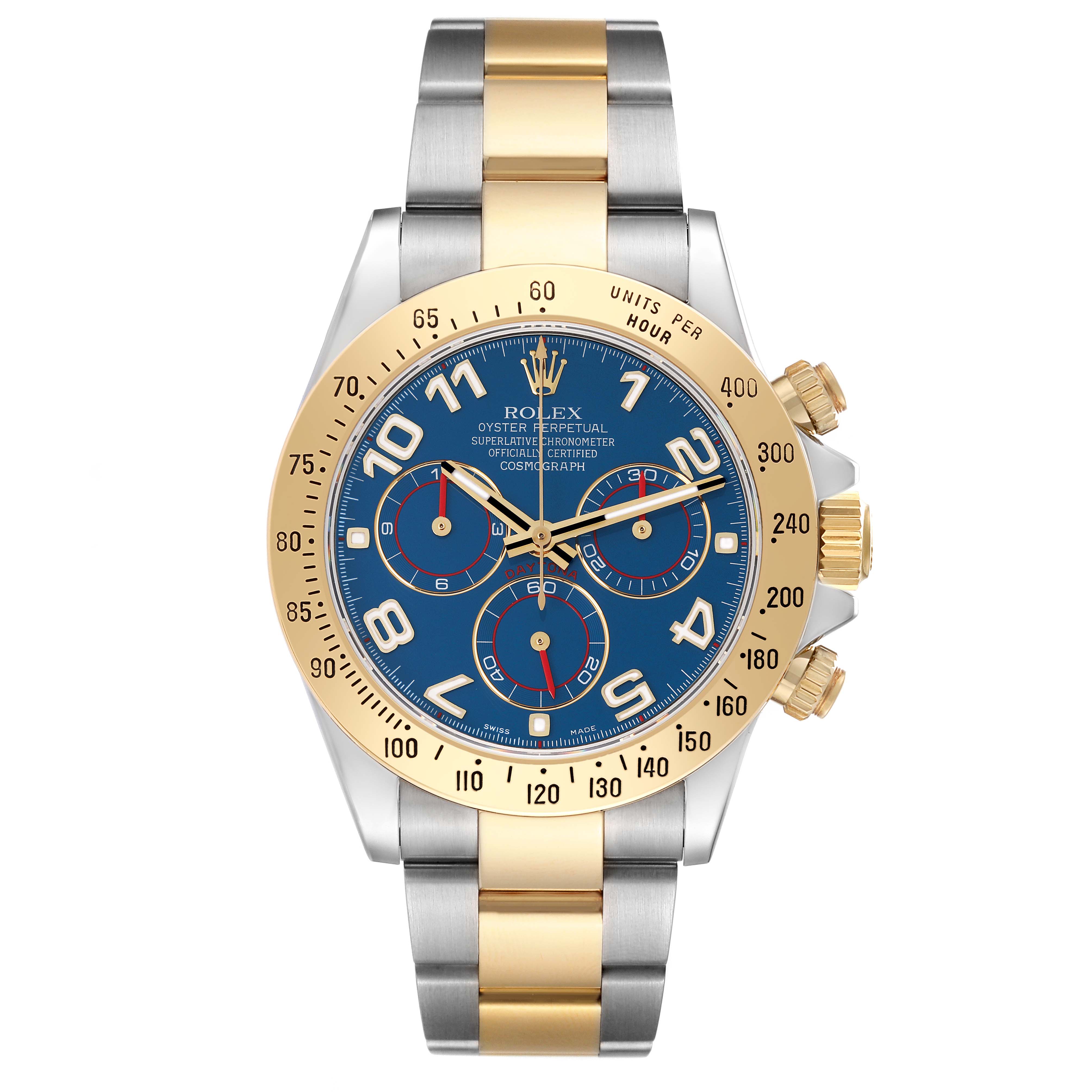 The image shows a frontal view of a Rolex Daytona 116523 Men
s Steel and Gold (two tone) Blue Dial 116523 Men
s Steel and Gold (two tone) Blue Dial watch with a blue dial, gold bezel, and two-tone metal bracelet.
