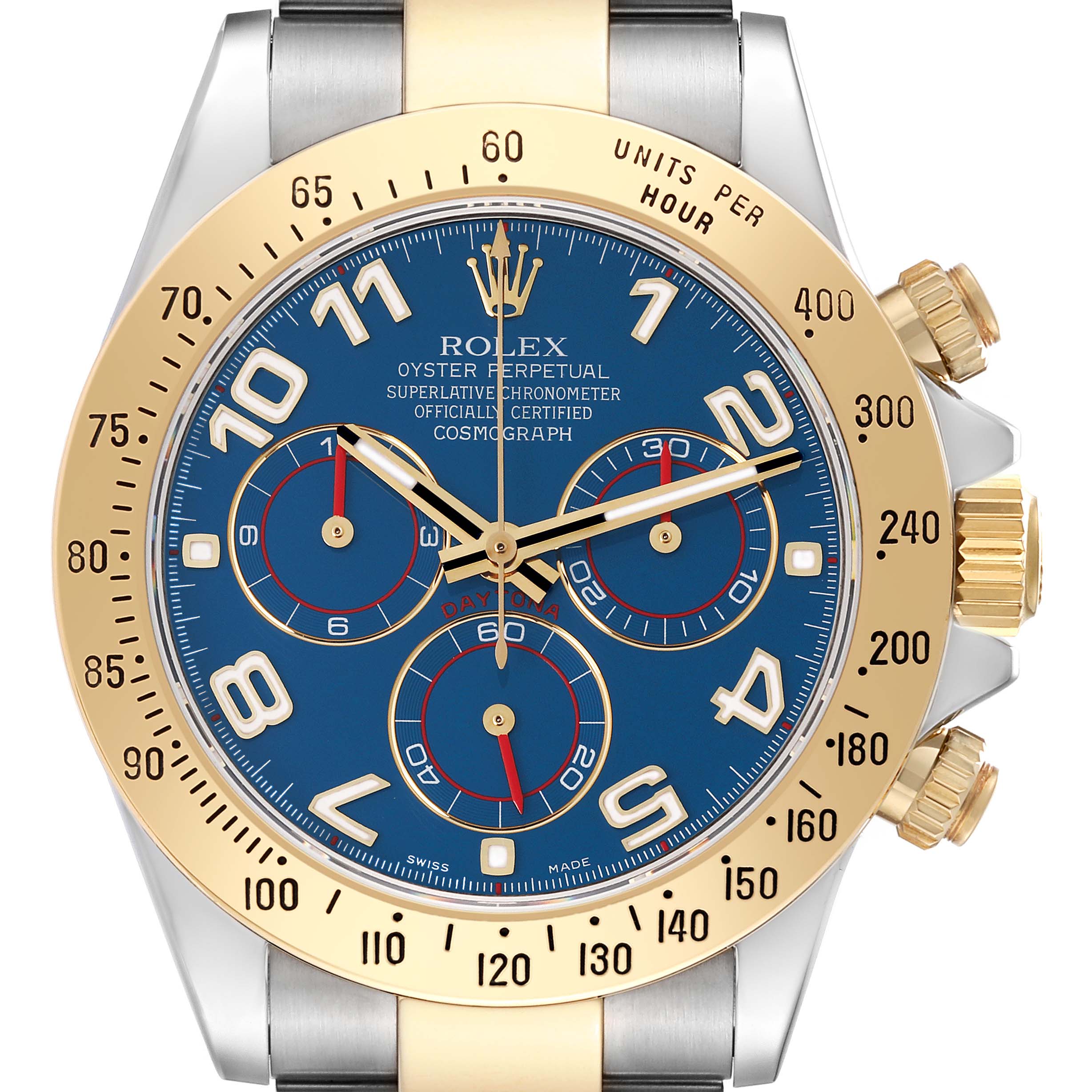 This image shows a front view of the Rolex Daytona 116523 Men
s Steel and Gold (two tone) Blue Dial 116523 Men
s Steel and Gold (two tone) Blue Dial watch, highlighting its blue dial, gold bezel, and chronograph features.