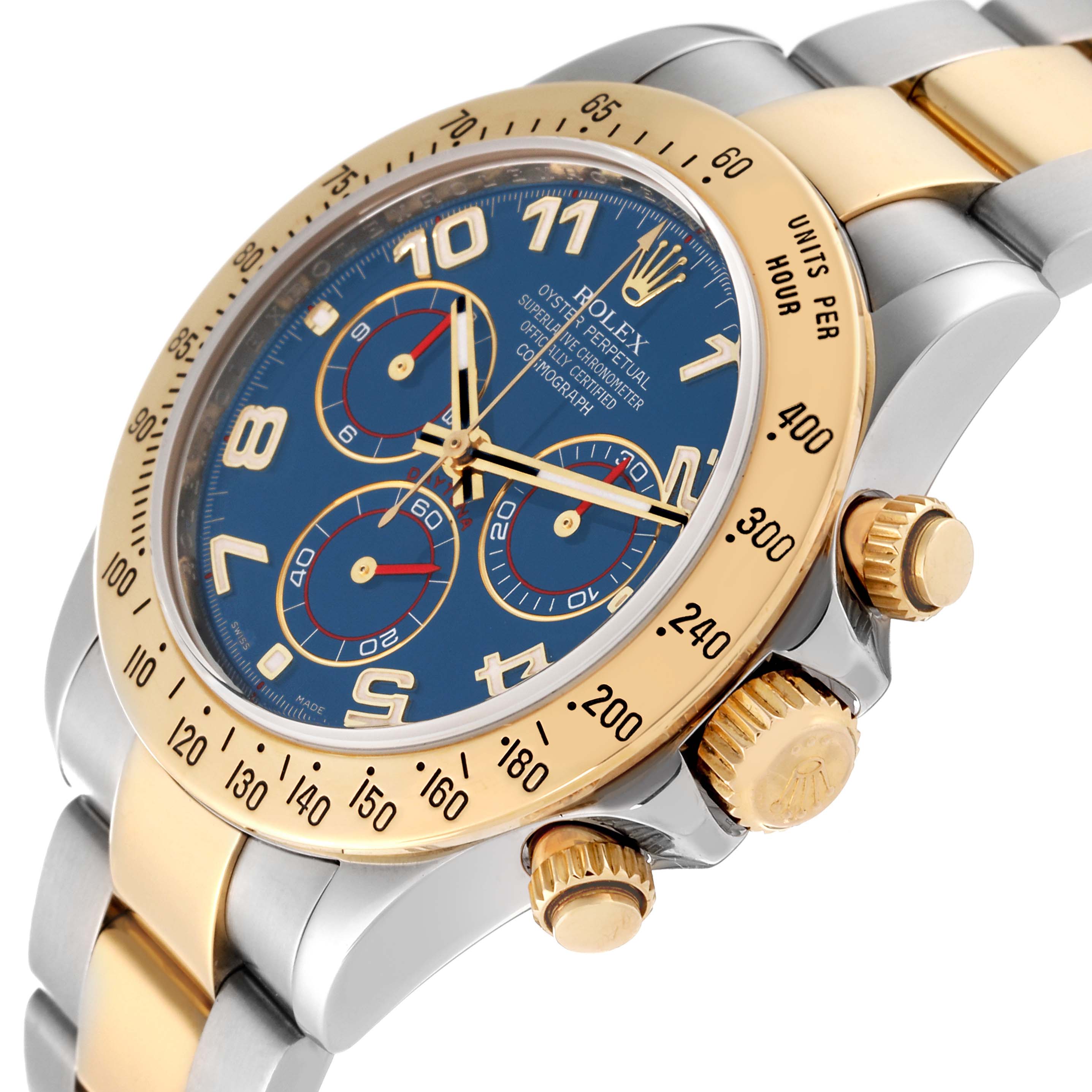 The image shows a close-up angled view of the Rolex Daytona 116523 Men
s Steel and Gold (two tone) Blue Dial 116523 Men
s Steel and Gold (two tone) Blue Dial watch, highlighting the bezel, crown, pushers, and part of the bracelet.
