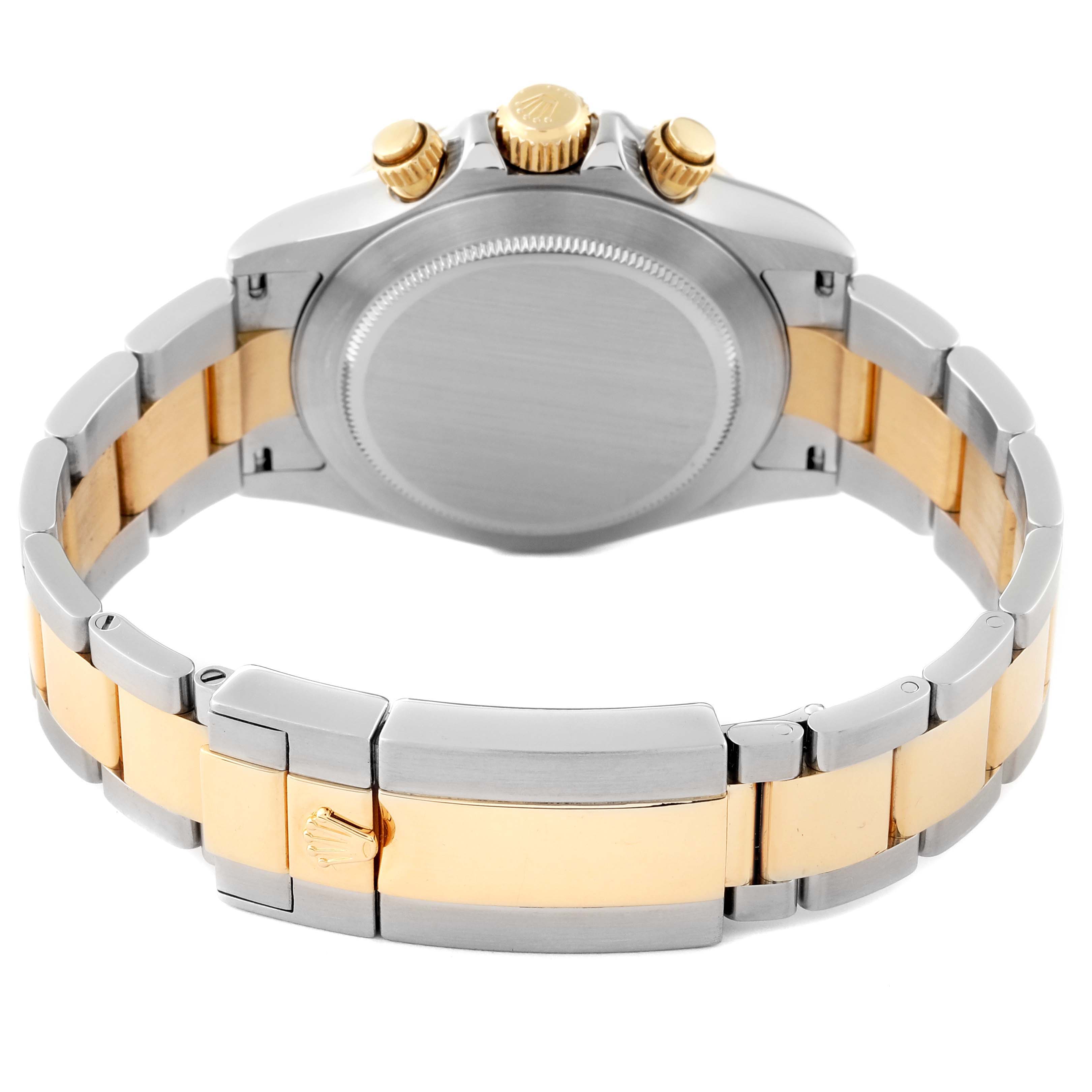 This image shows the back view of a Rolex Daytona 116523 Men
s Steel and Gold (two tone) Blue Dial 116523 Men
s Steel and Gold (two tone) Blue Dial watch, highlighting its clasp, bracelet, case back, and crown.