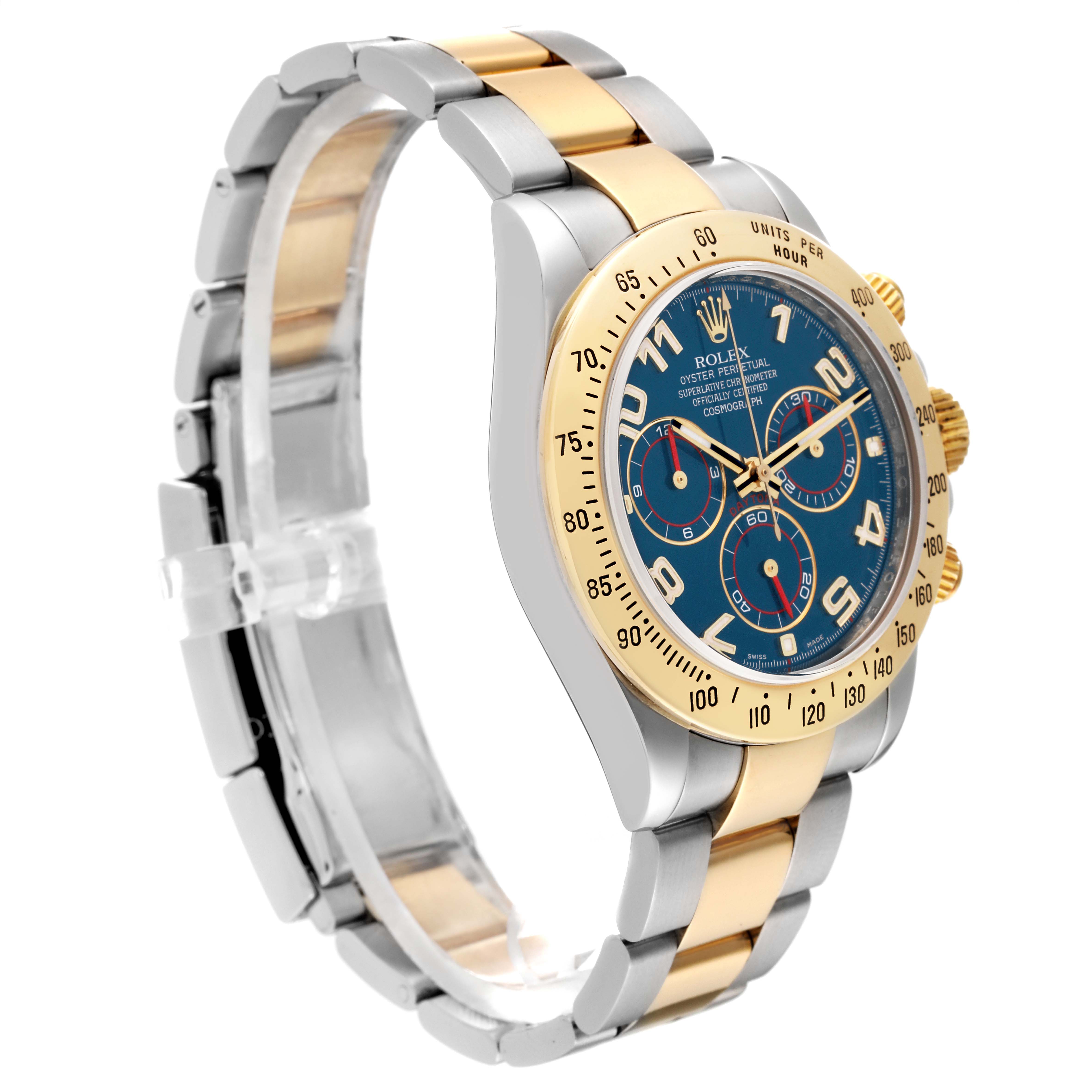 This image shows the Rolex Daytona 116523 Men
s Steel and Gold (two tone) Blue Dial 116523 Men
s Steel and Gold (two tone) Blue Dial watch from a side angle, highlighting its two-tone bracelet, bezel, and chronograph dial.