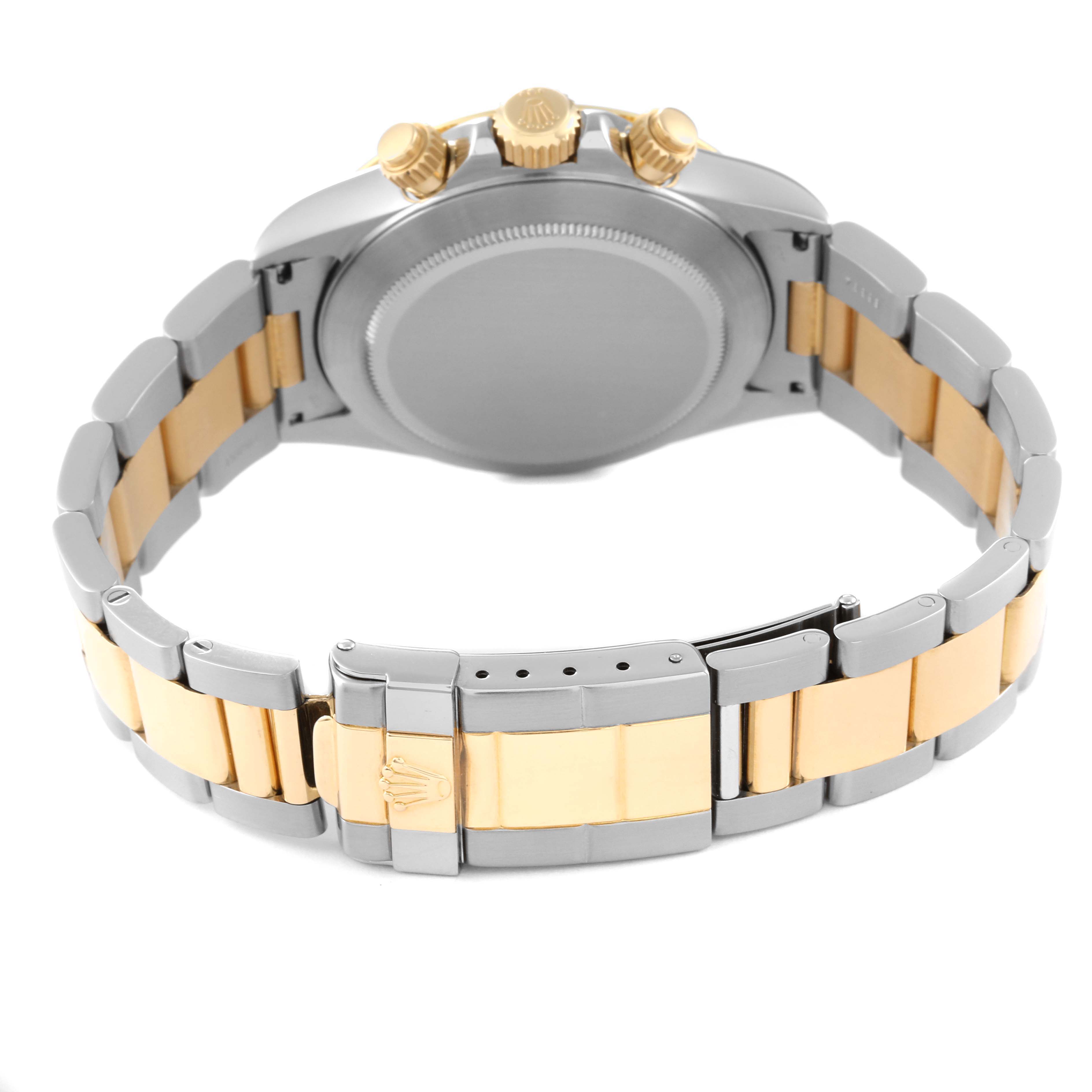 This image shows the back view of a Rolex Daytona 16523 Men's Steel and Gold (two tone) White Dial 16523 Men's Steel and Gold (two tone) White Dial watch, featuring its bracelet, clasp, and crown.