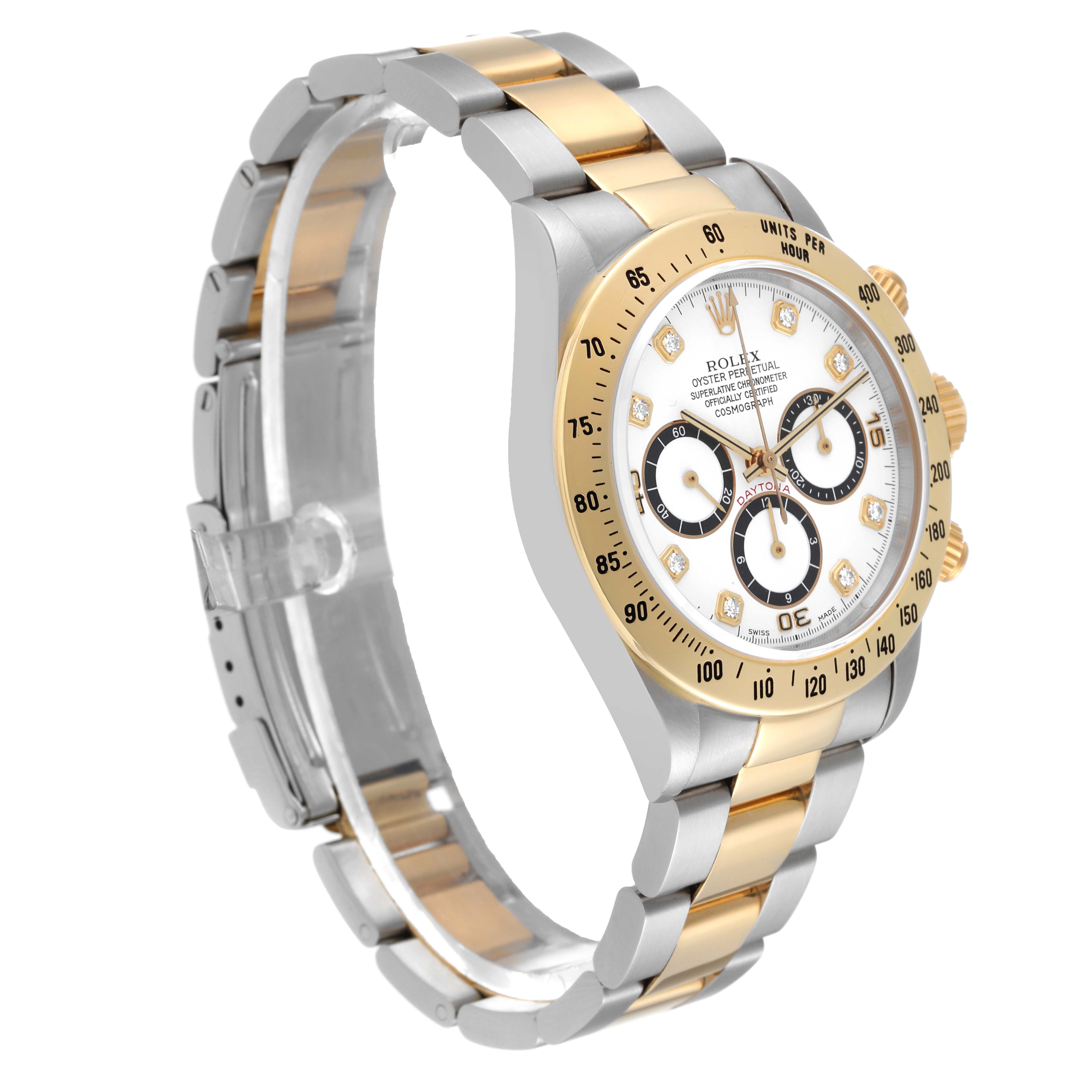 The image shows a side angle of a Rolex Daytona 16523 Men's Steel and Gold (two tone) White Dial 16523 Men's Steel and Gold (two tone) White Dial watch, displaying the bezel, dial, and bracelet.