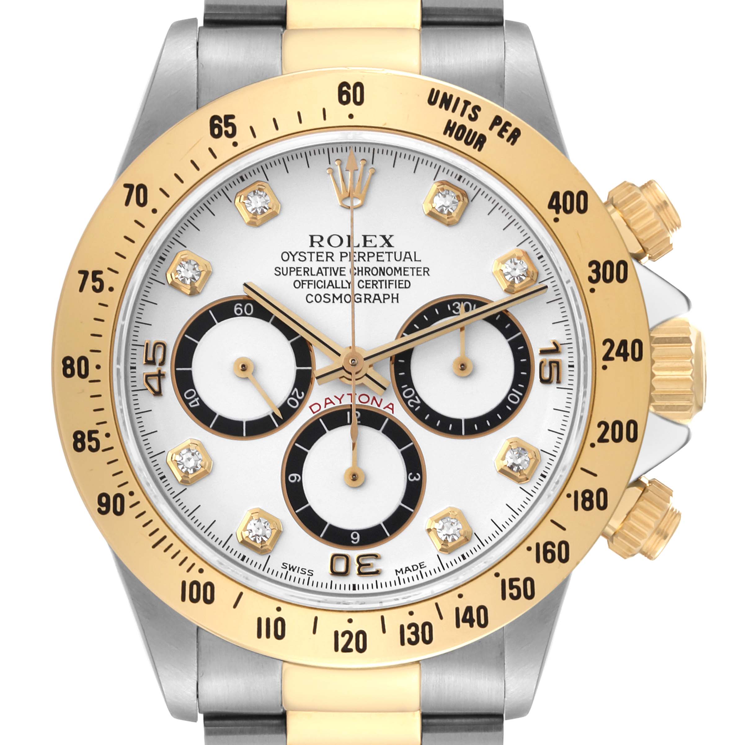 The image shows a close-up, front view of the Rolex Daytona 16523 Men's Steel and Gold (two tone) White Dial 16523 Men's Steel and Gold (two tone) White Dial watch dial and bezel with gold and diamond details.