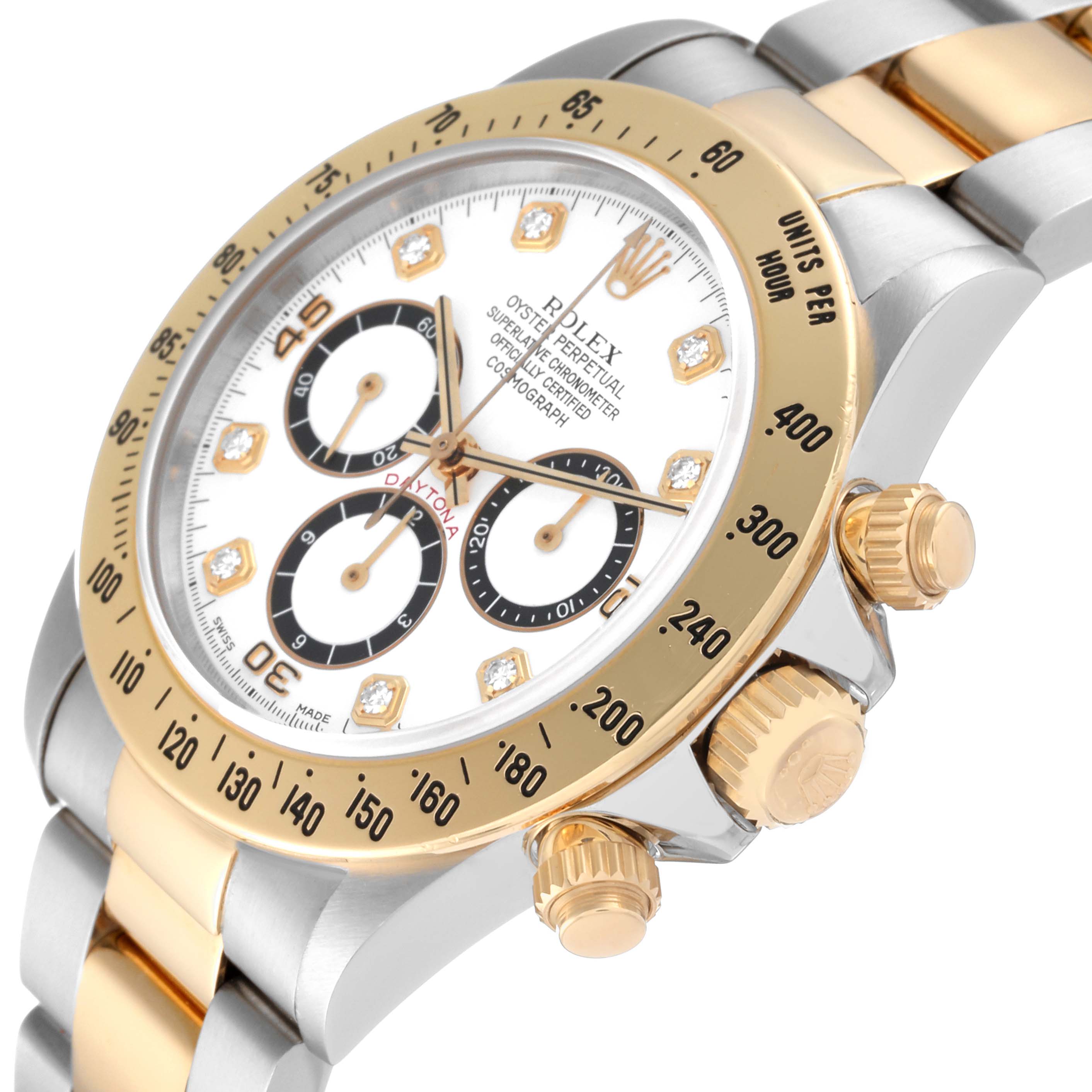 The angle shows a close-up of the Rolex Daytona 16523 Men's Steel and Gold (two tone) White Dial 16523 Men's Steel and Gold (two tone) White Dial watch face, bezel, and crown from the side.