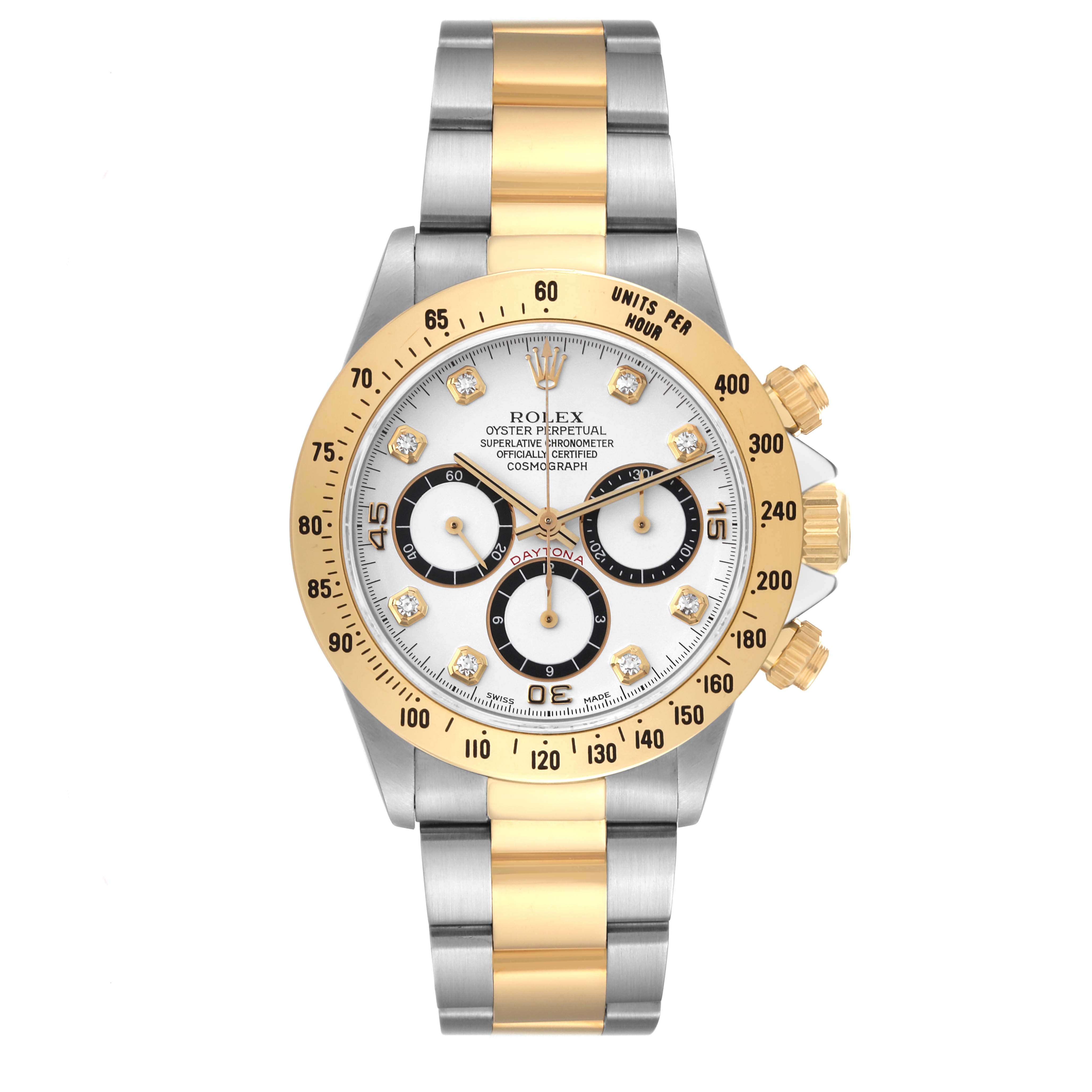 The image shows a front view of a Rolex Daytona 16523 Men's Steel and Gold (two tone) White Dial 16523 Men's Steel and Gold (two tone) White Dial watch, highlighting its gold and silver bracelet, bezel, and dial with chronographs.