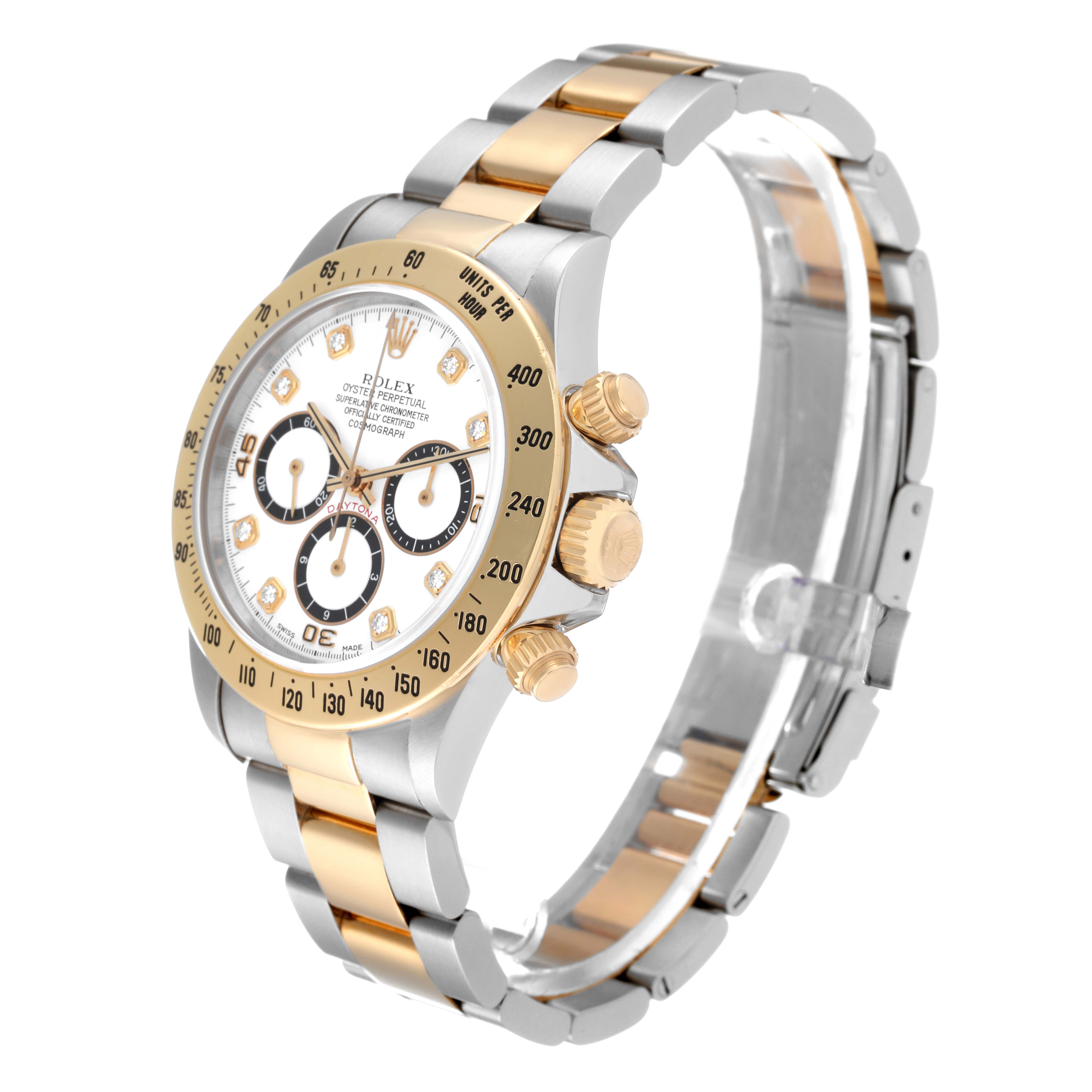 The image shows a side angle of a Rolex Daytona 16523 Men's Steel and Gold (two tone) White Dial 16523 Men's Steel and Gold (two tone) White Dial watch, highlighting the bezel, crown, pushers, and two-tone bracelet.