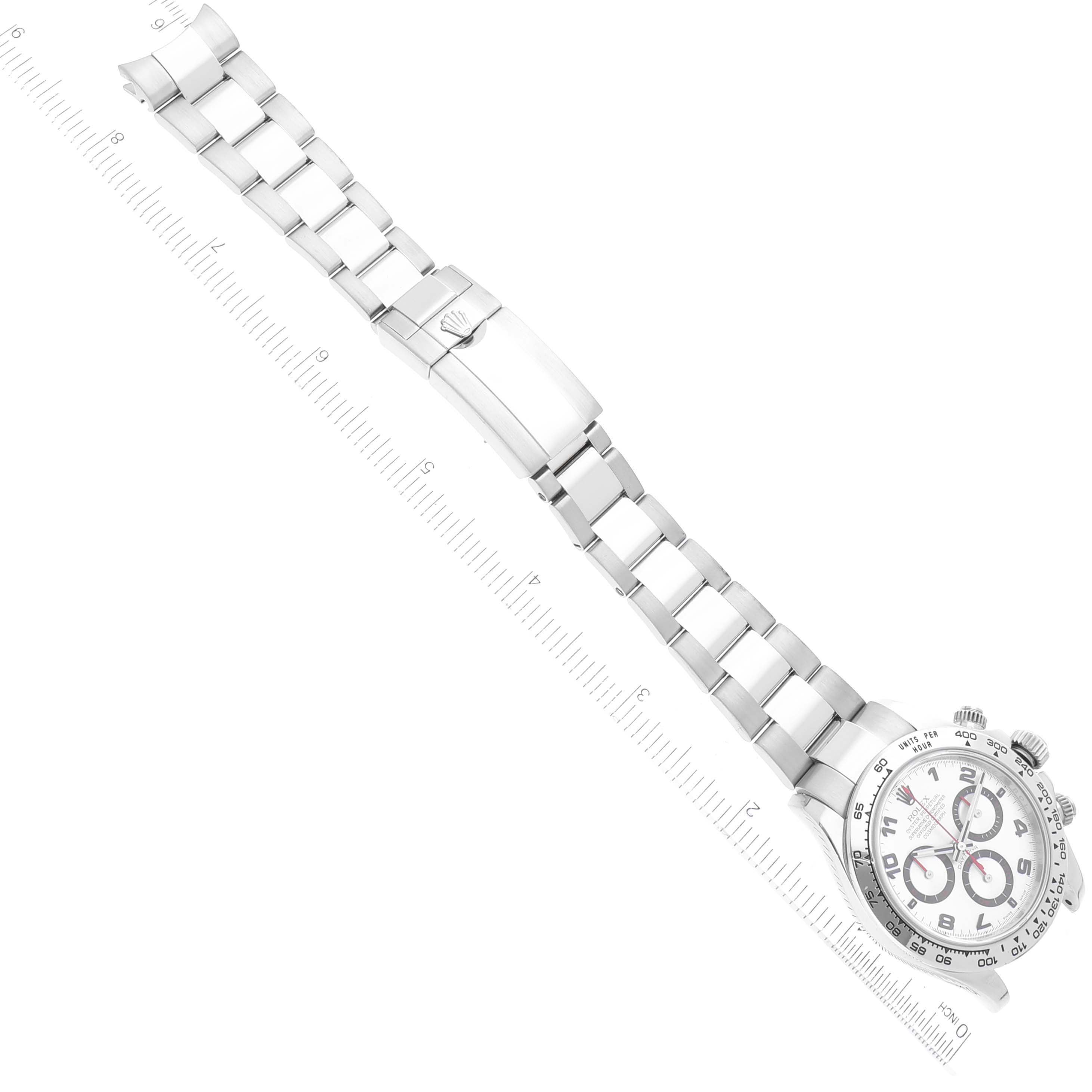 The image shows the Rolex Daytona 116509 Men's White Gold Silver Dial 116509 Men's White Gold Silver Dial watch from an overhead angle, highlighting its band, clasp, and face.