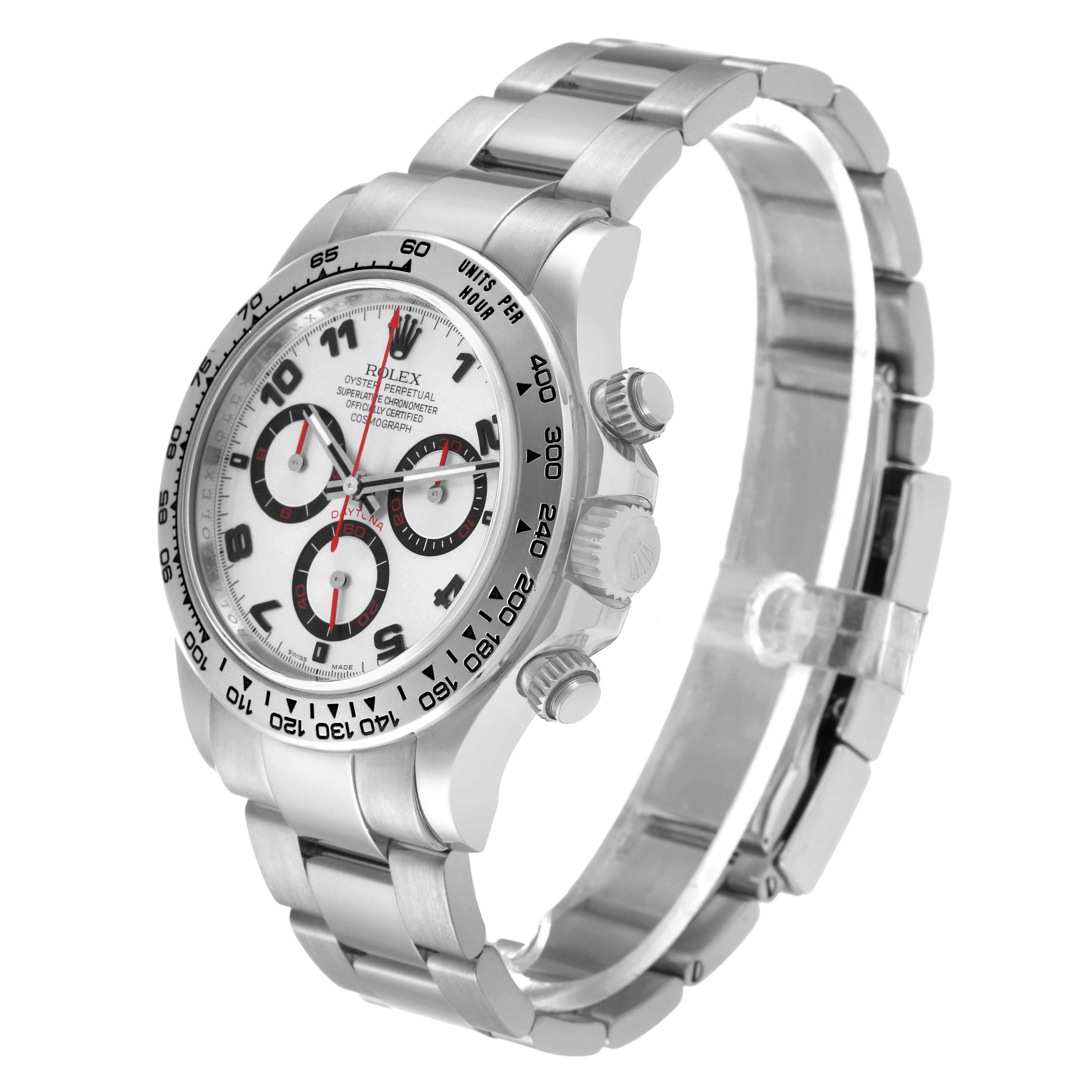 The image shows a side-angle view of the Rolex Daytona 116509 Men's White Gold Silver Dial 116509 Men's White Gold Silver Dial watch, highlighting the face, bezel, pushers, and bracelet.