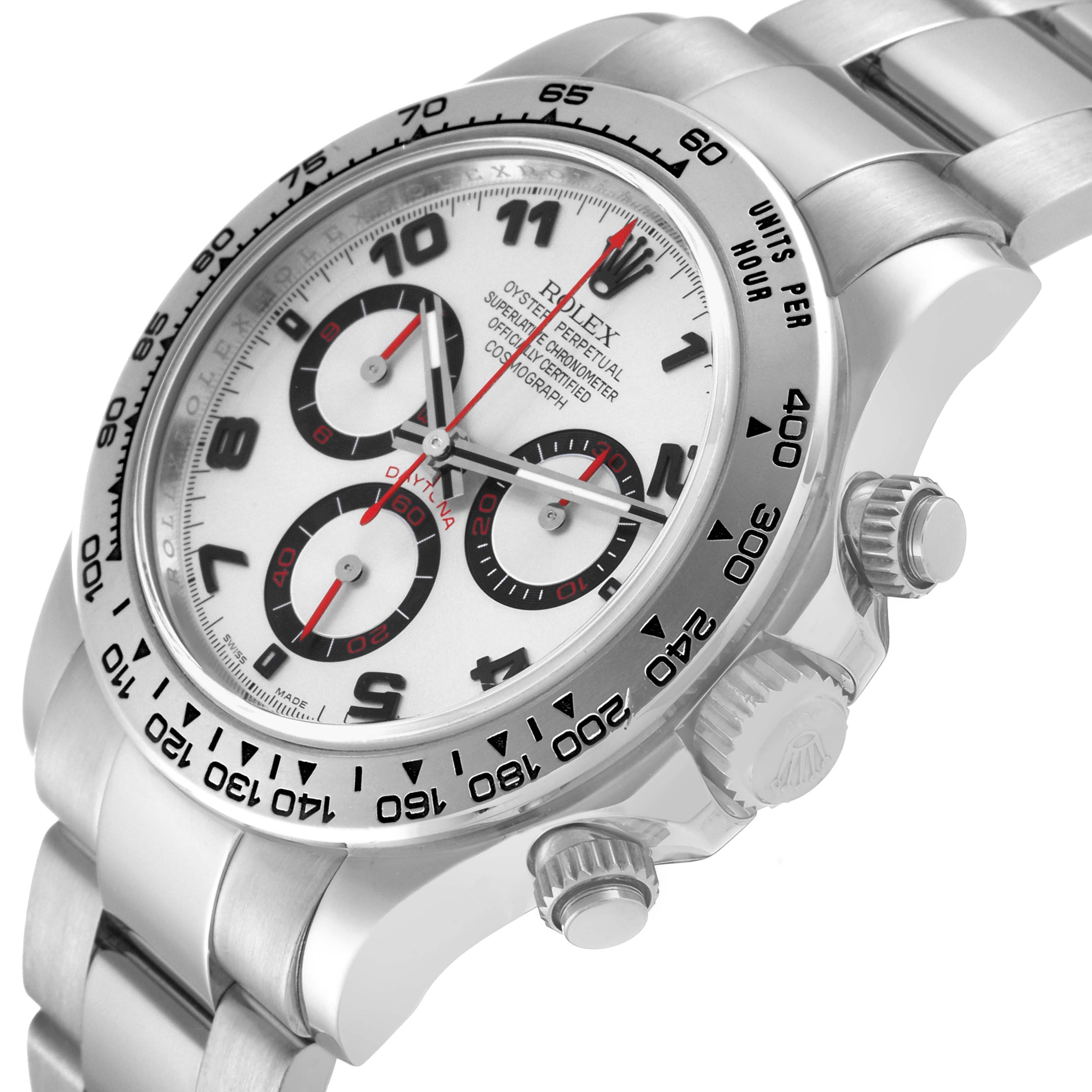 The image shows a Rolex Daytona 116509 Men's White Gold Silver Dial 116509 Men's White Gold Silver Dial watch from an oblique angle, highlighting the dial, bezel, and crown.