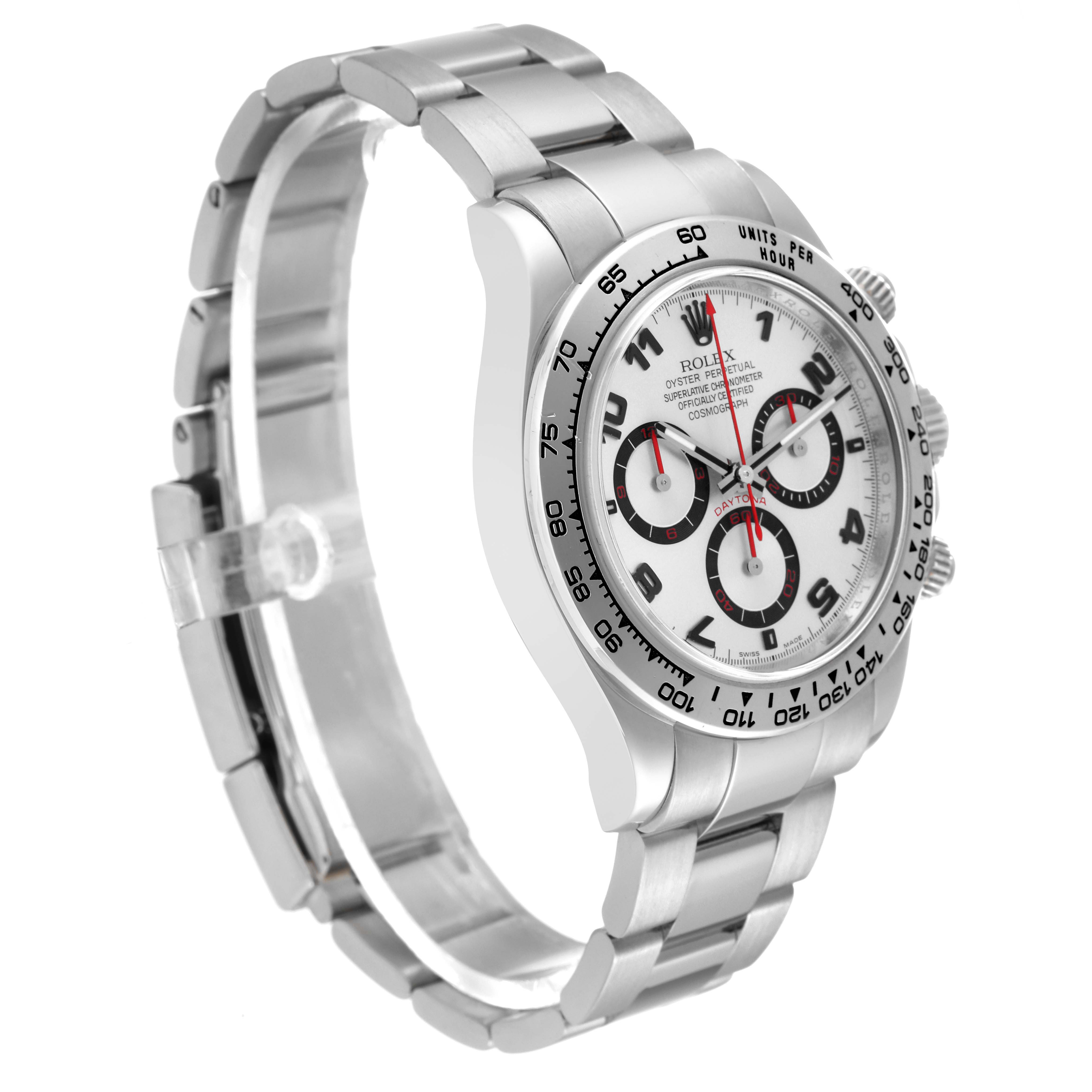 The Rolex Daytona 116509 Men's White Gold Silver Dial 116509 Men's White Gold Silver Dial watch is shown at a three-quarter angle highlighting its dial, bezel, and bracelet.