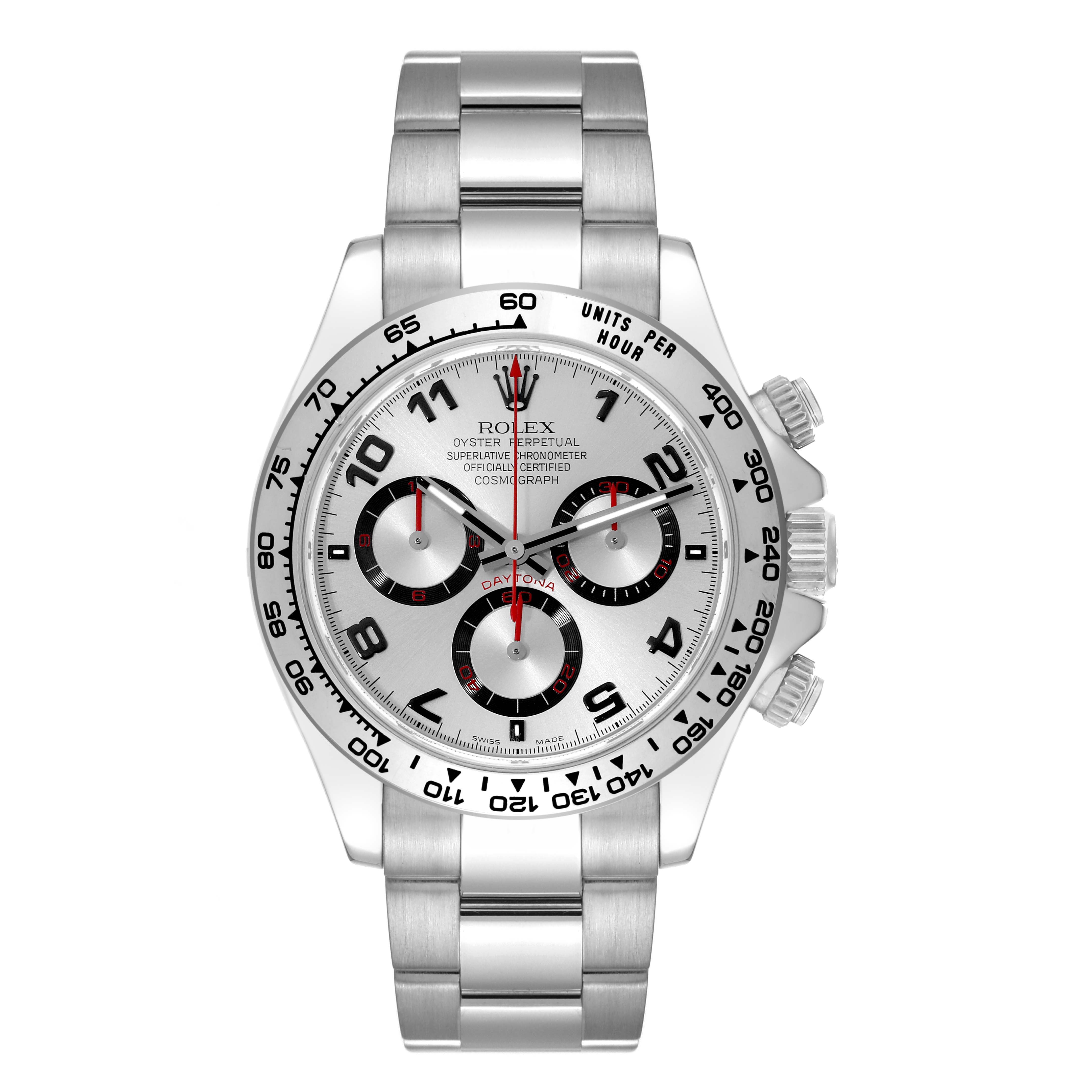 The image shows the Rolex Daytona 116509 Men's White Gold Silver Dial 116509 Men's White Gold Silver Dial watch from a front angle, highlighting its face, bezel, and bracelet.
