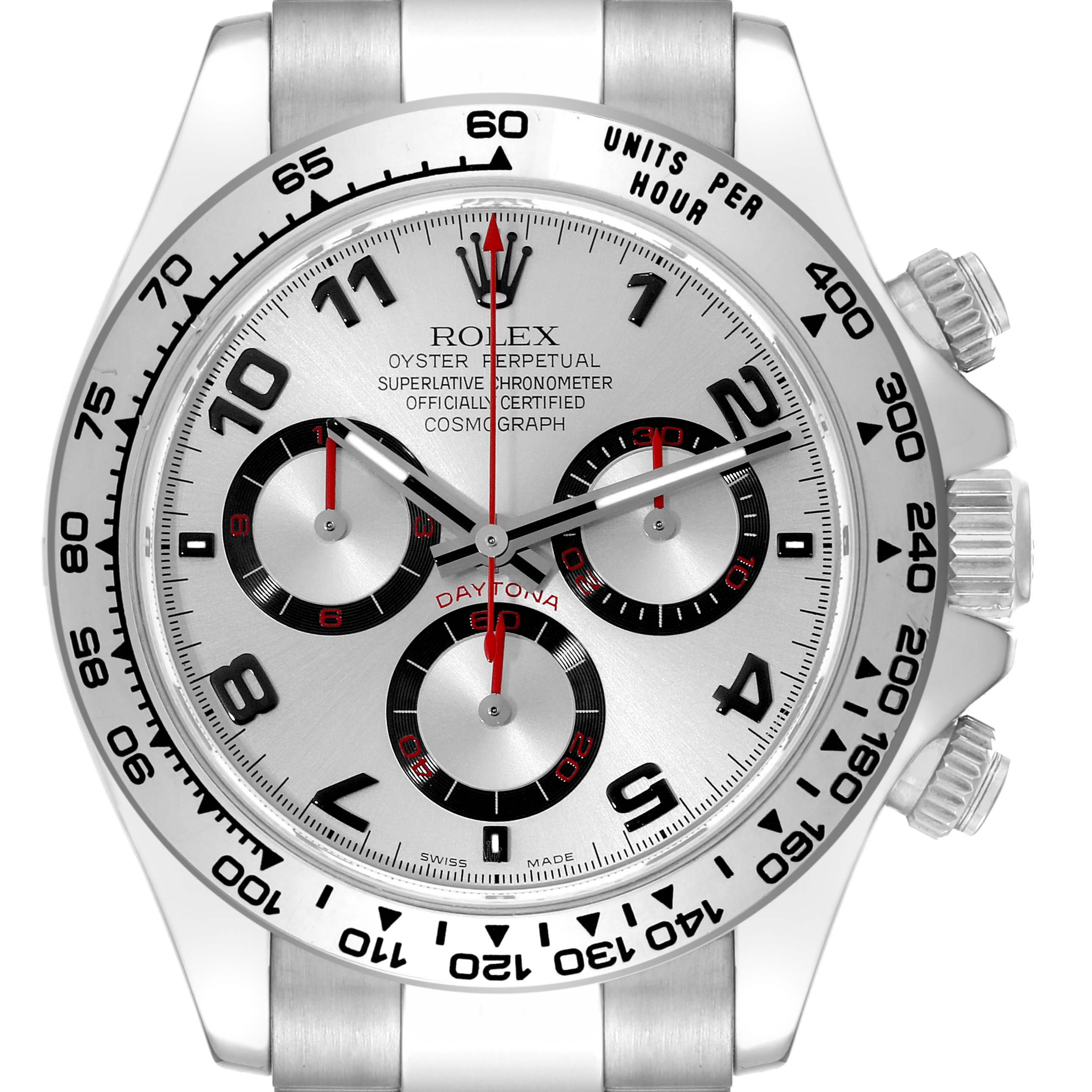 This image shows a front view of the Rolex Daytona 116509 Men's White Gold Silver Dial 116509 Men's White Gold Silver Dial watch, featuring its dial, sub-dials, and bezel.