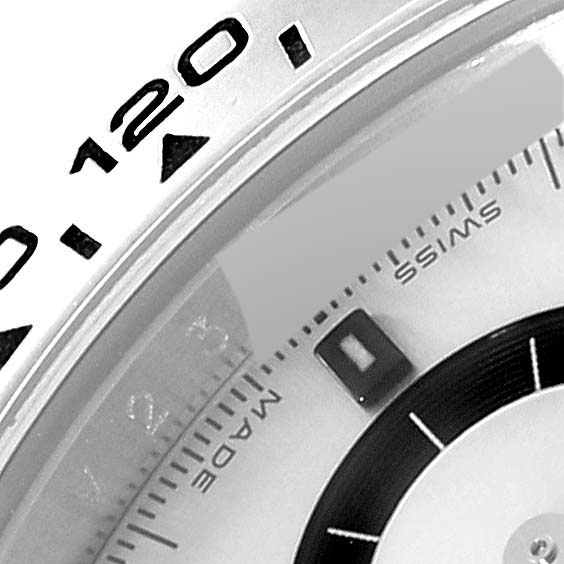 The close-up image shows a portion of the dial and bezel of the Rolex Daytona 116509 Men's White Gold Silver Dial 116509 Men's White Gold Silver Dial watch, highlighting the "120" marking.
