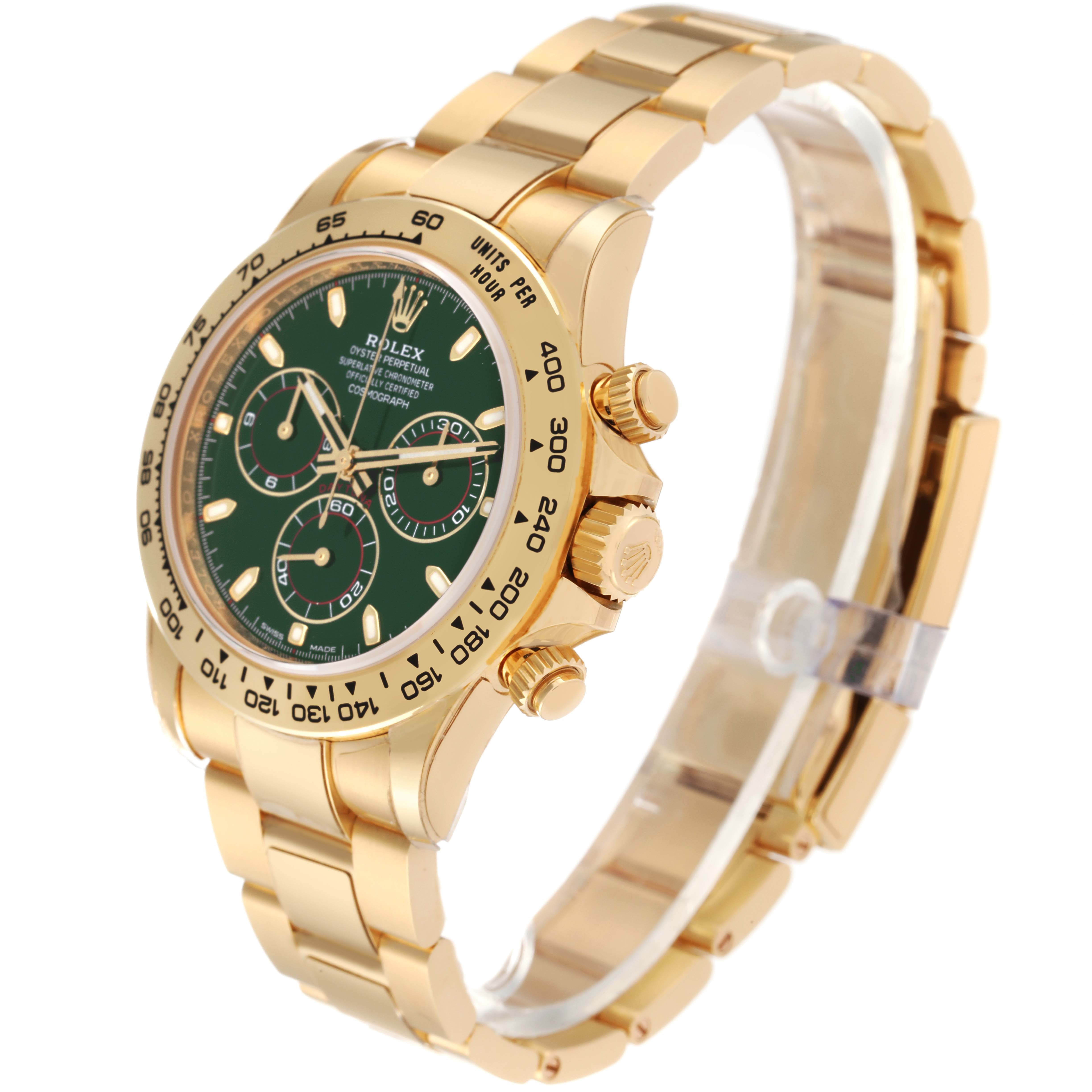 The Rolex Daytona 116508 Men's Yellow Gold Green Dial 116508 Men's Yellow Gold Green Dial watch is shown at an angled side view, highlighting the bezel, dial, pushers, and bracelet.