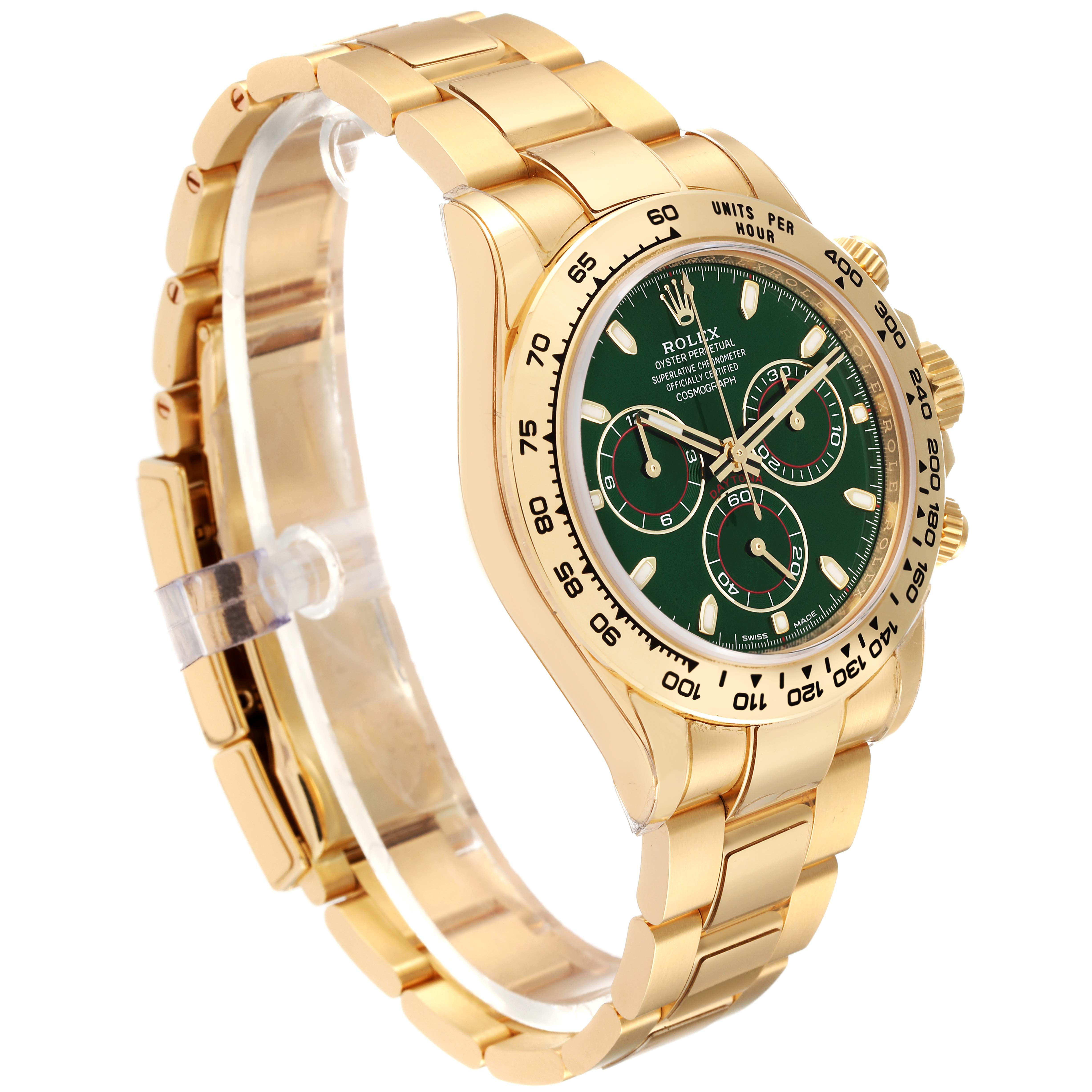 The image shows a side view of a Rolex Daytona 116508 Men's Yellow Gold Green Dial 116508 Men's Yellow Gold Green Dial watch, highlighting the bracelet, case, bezel, and dial.