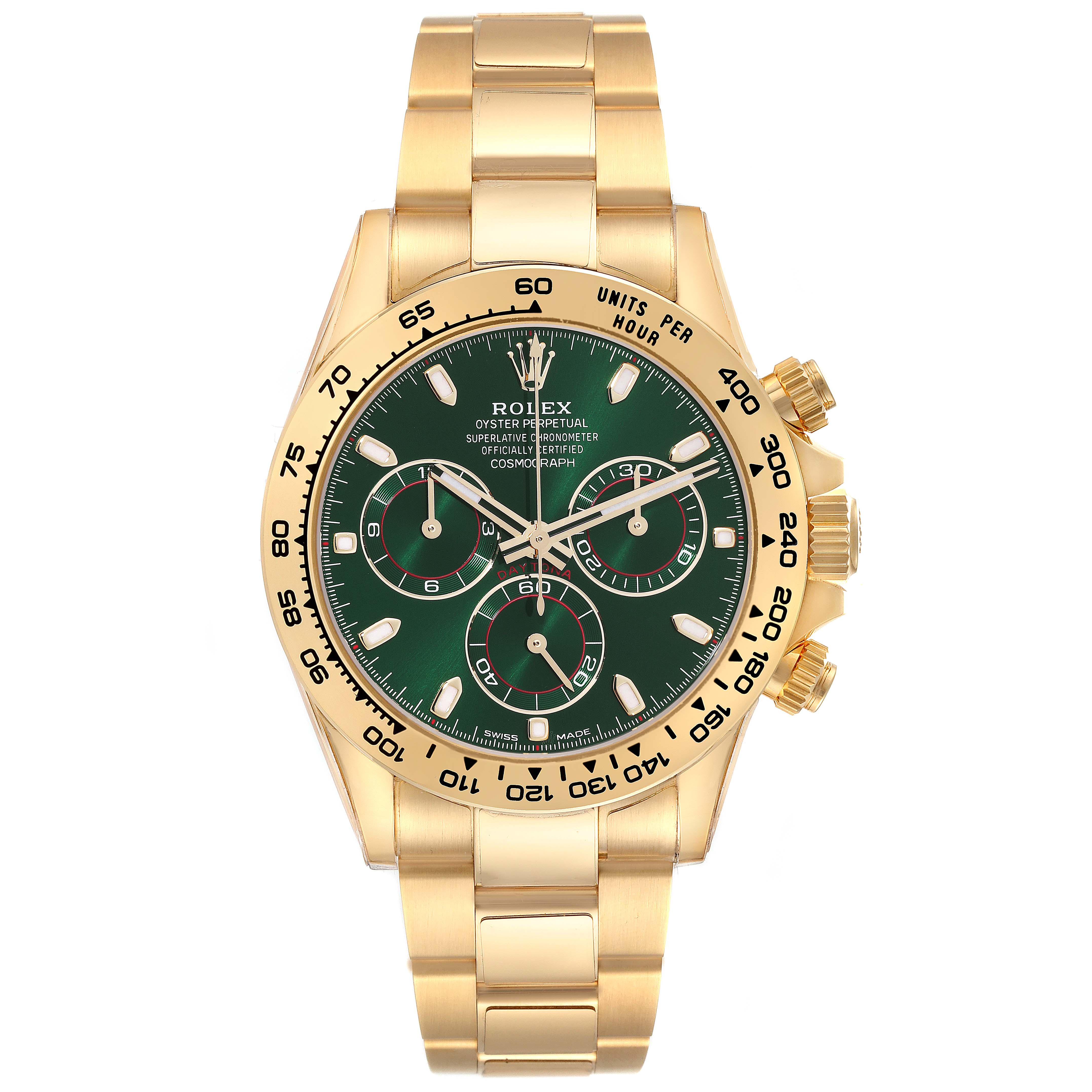 The image shows a front view of a Rolex Daytona 116508 Men's Yellow Gold Green Dial 116508 Men's Yellow Gold Green Dial watch, featuring a gold bracelet, green dial, and a tachymeter bezel.