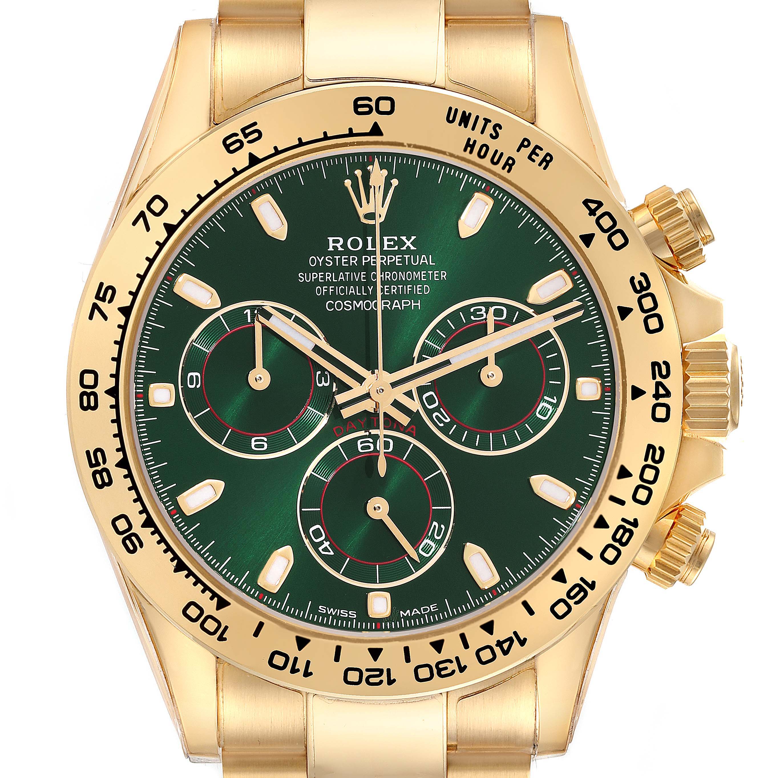 This image shows a close-up of the Rolex Daytona 116508 Men's Yellow Gold Green Dial 116508 Men's Yellow Gold Green Dial watch face and bezel, highlighting the green dial and gold case.