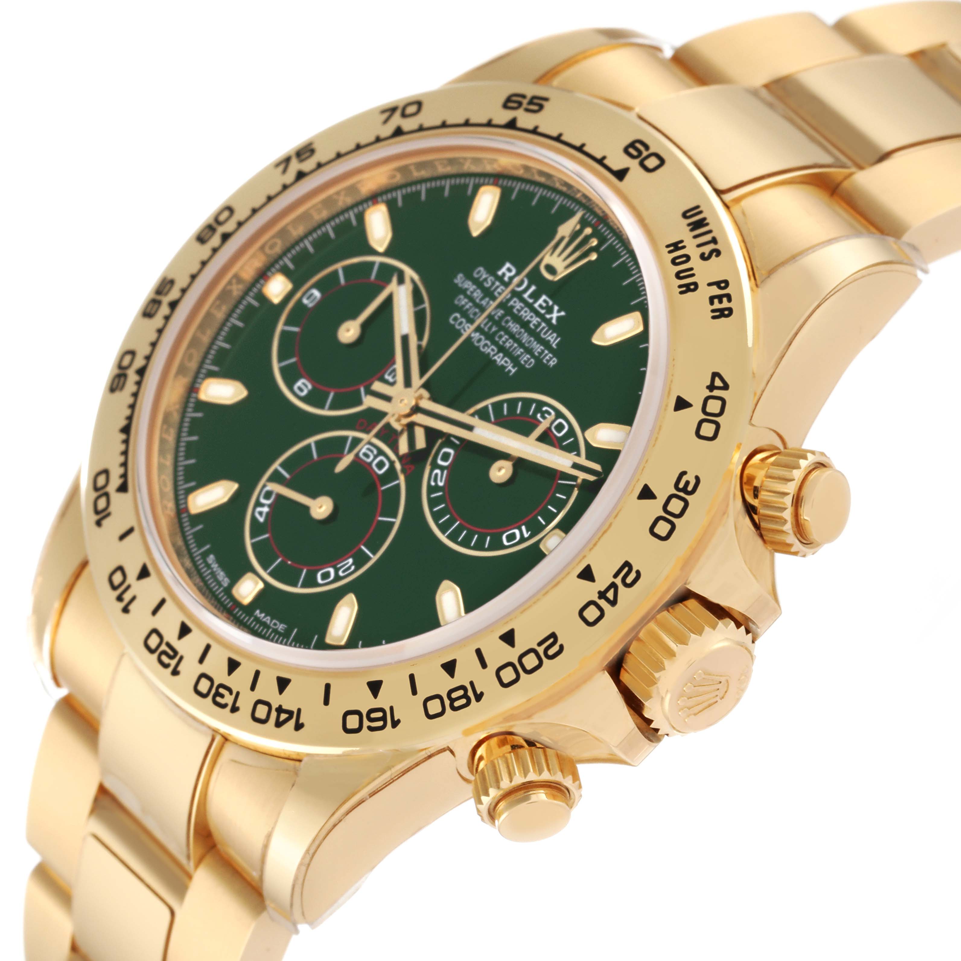 The image shows a close-up angle of the Rolex Daytona 116508 Men's Yellow Gold Green Dial 116508 Men's Yellow Gold Green Dial watch featuring the case, dial, bezel, and bracelet.