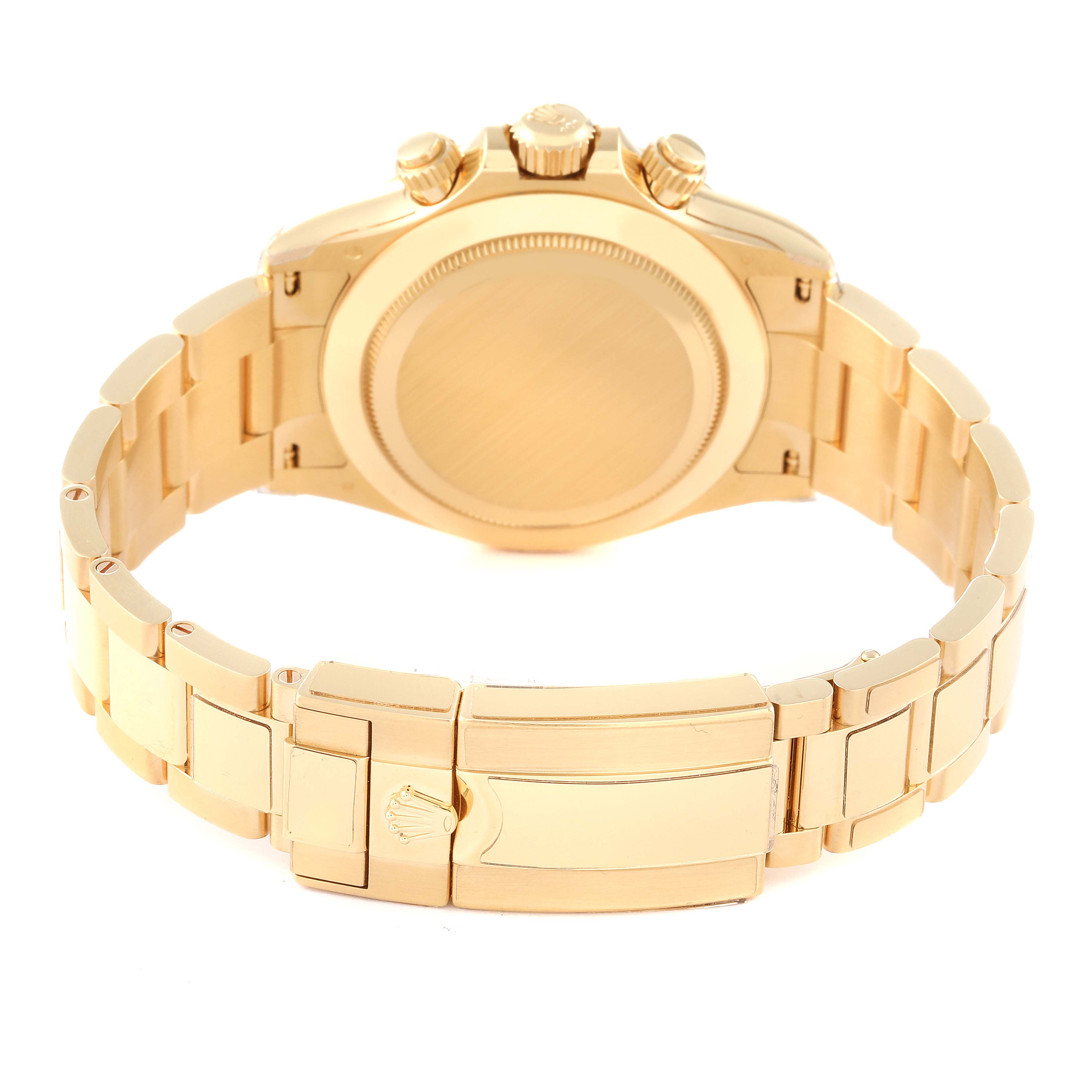 The image shows the back and bracelet clasp of a Rolex Daytona 116508 Men's Yellow Gold Green Dial 116508 Men's Yellow Gold Green Dial watch in gold from a rear angle.