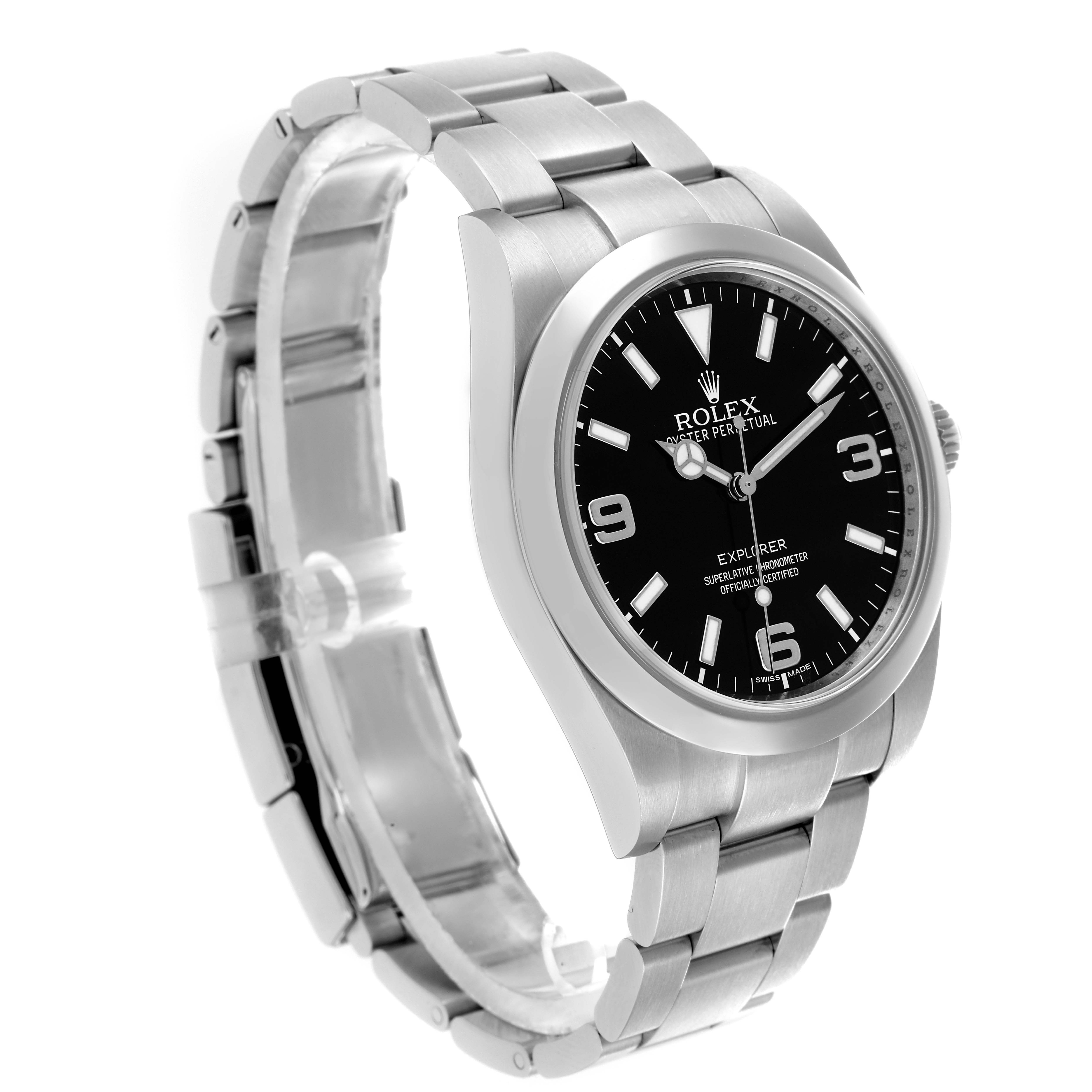The Rolex Explorer 214270 Men
s Stainless Steel Black Dial watch is shown at a slight angle, displaying the face, bezel, and part of the bracelet.