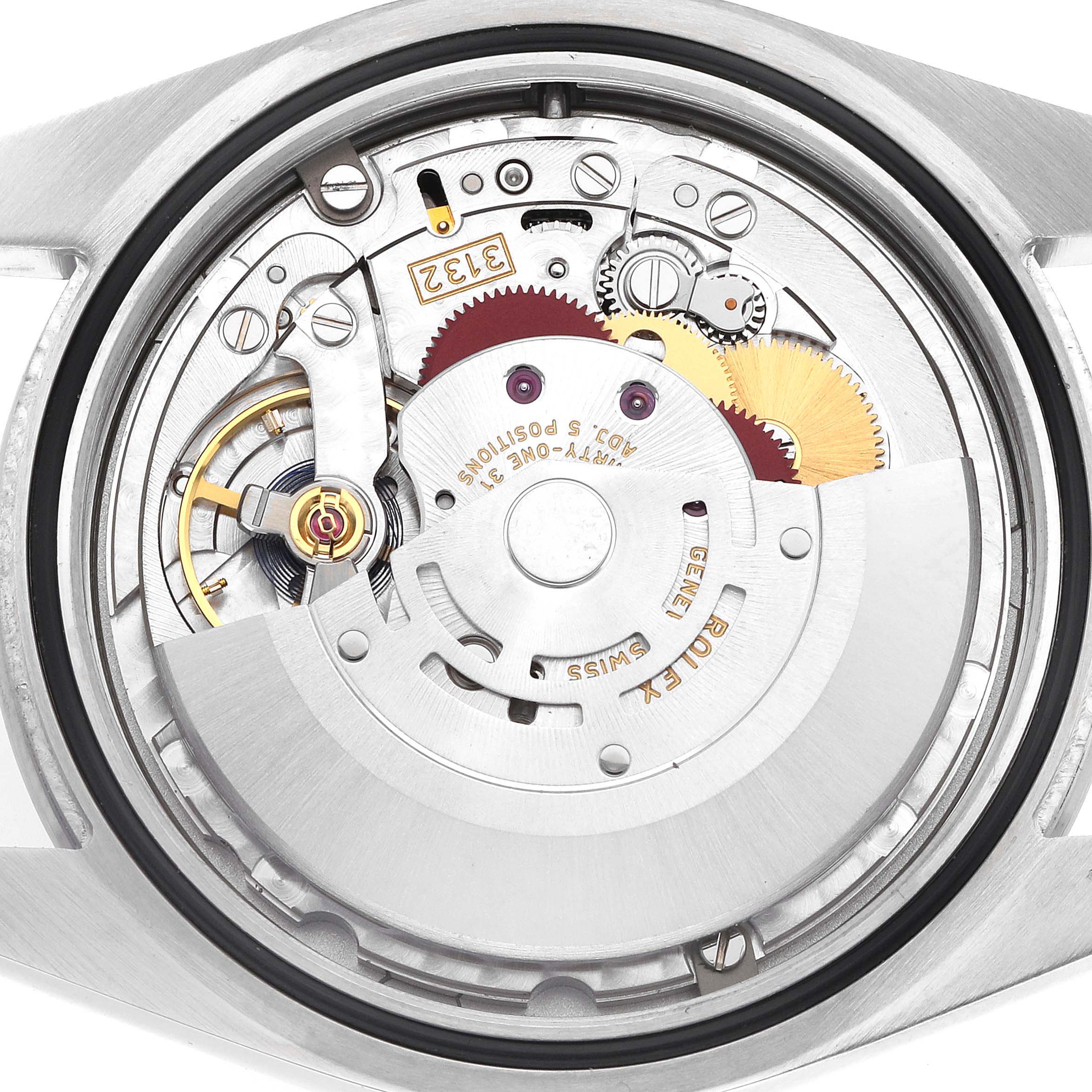The image shows the movement mechanism of the Rolex Explorer 214270 Men
s Stainless Steel Black Dial watch from a top-down angle.