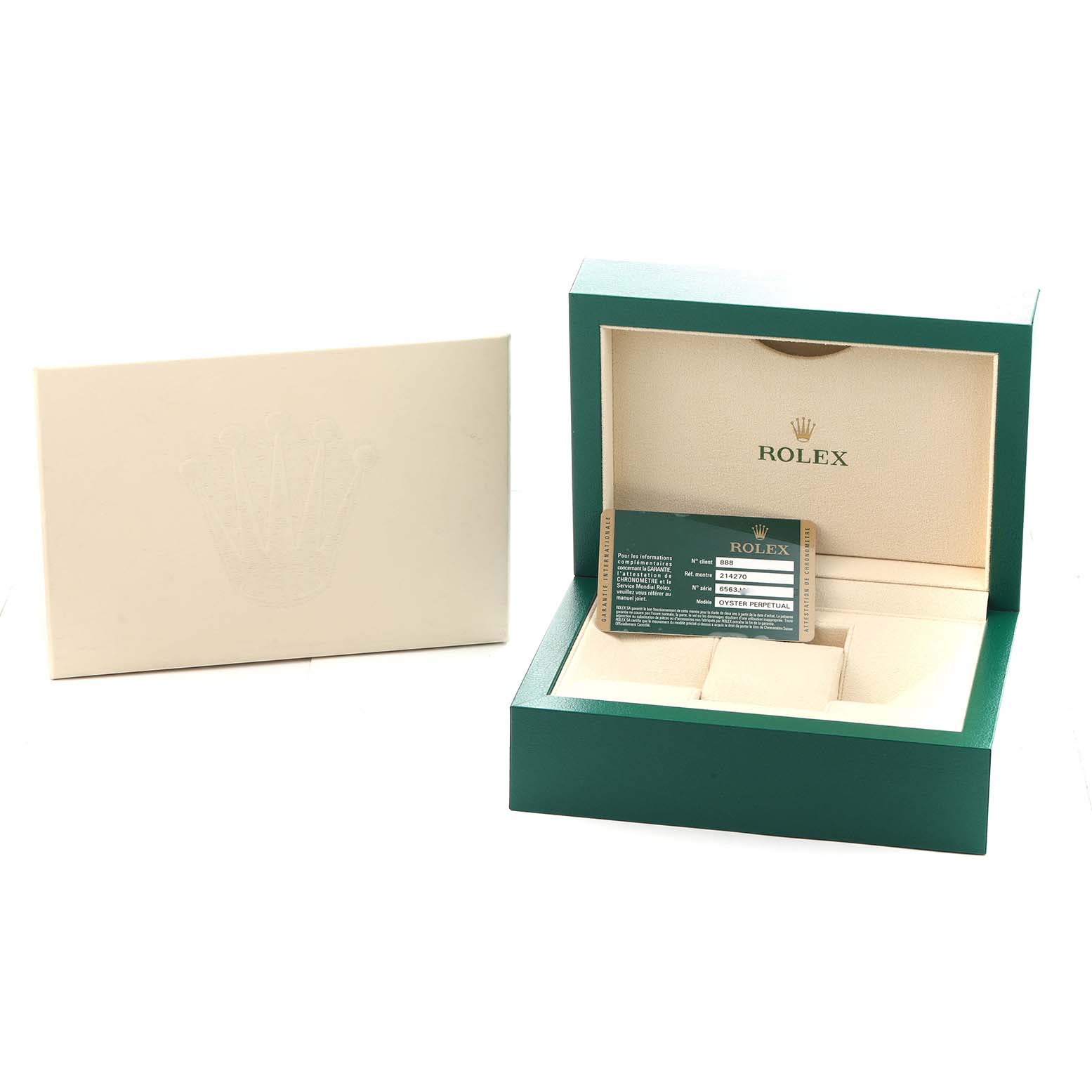 The image shows a Rolex Explorer 214270 Men
s Stainless Steel Black Dial watch box, an open green case with a warranty card, alongside an outer cardboard cover.
