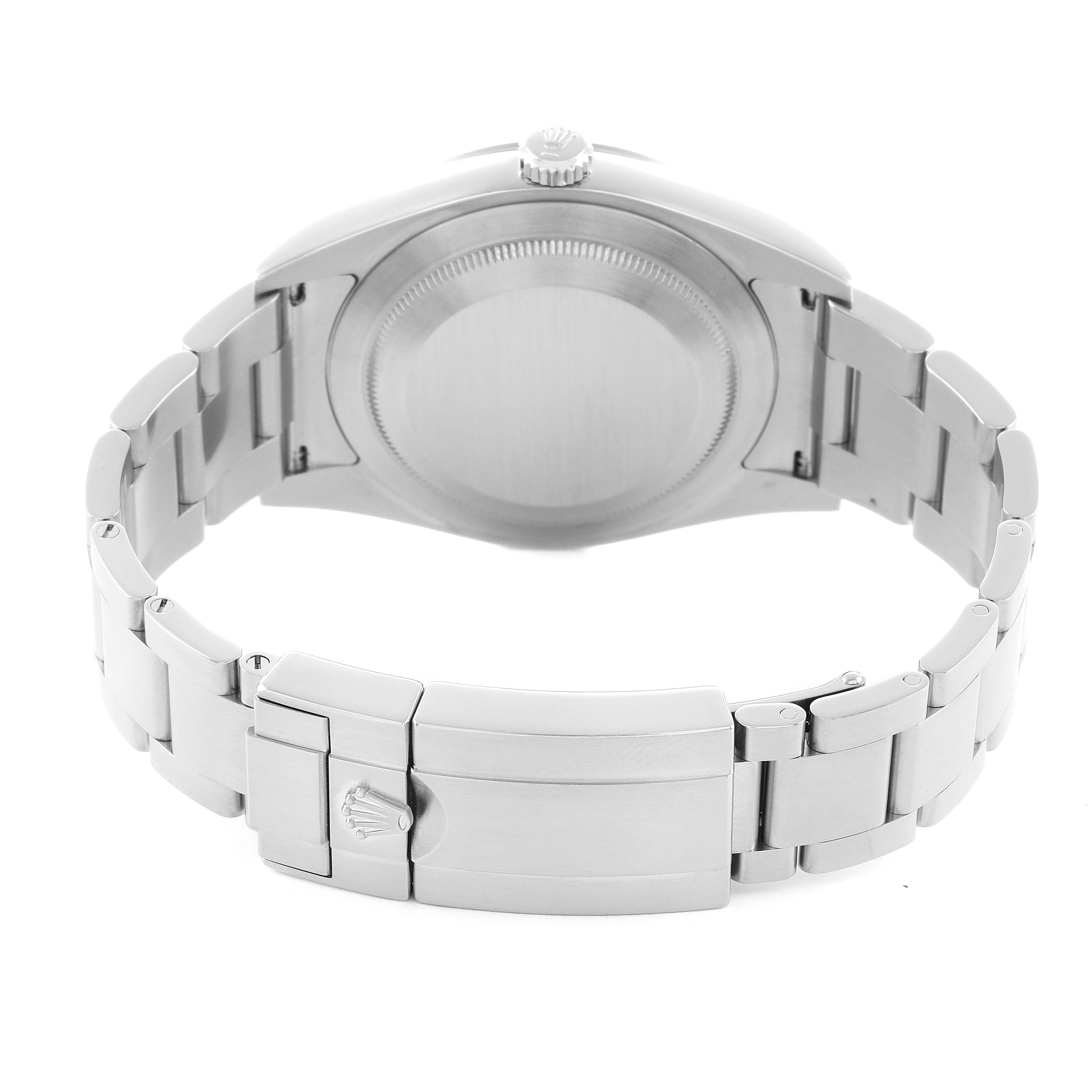 The image shows the back of a Rolex Explorer 214270 Men
s Stainless Steel Black Dial watch, focusing on the bracelet, clasp, and caseback from a rear angle.