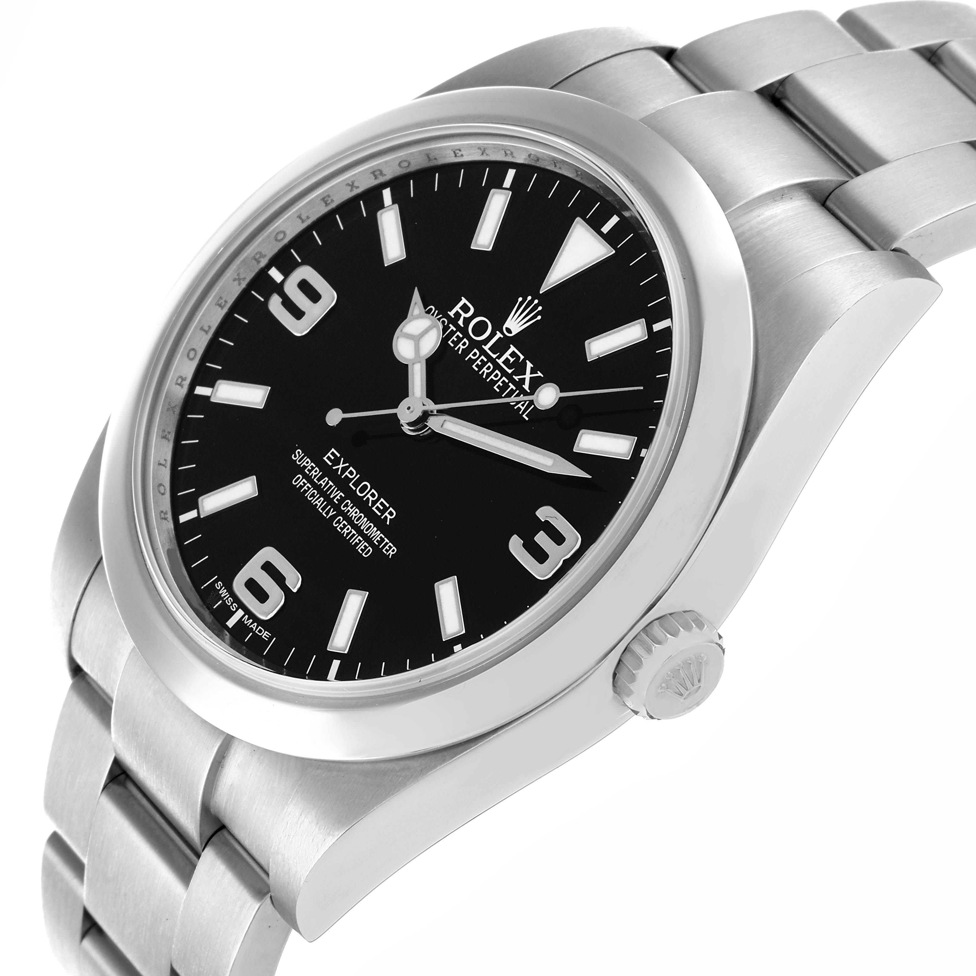 The Rolex Explorer 214270 Men
s Stainless Steel Black Dial watch is shown at a slight angle, highlighting the dial, bezel, crown, and part of the bracelet.