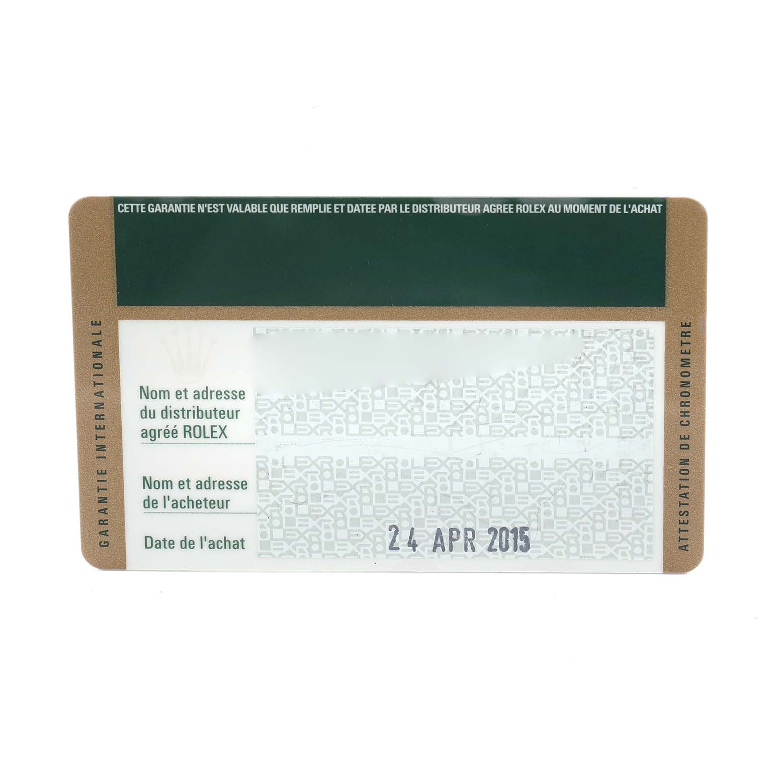 This is a close-up of the warranty card for a Rolex Explorer 214270 Men
s Stainless Steel Black Dial watch, showing the purchase date and brand information.