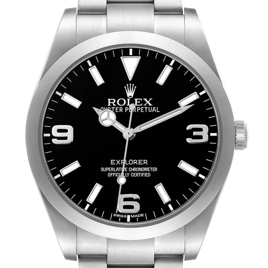 The Rolex Explorer 214270 Men's Stainless Steel Black Dial watch is shown from the front, displaying the face, bezel, crown, and part of the bracelet.
