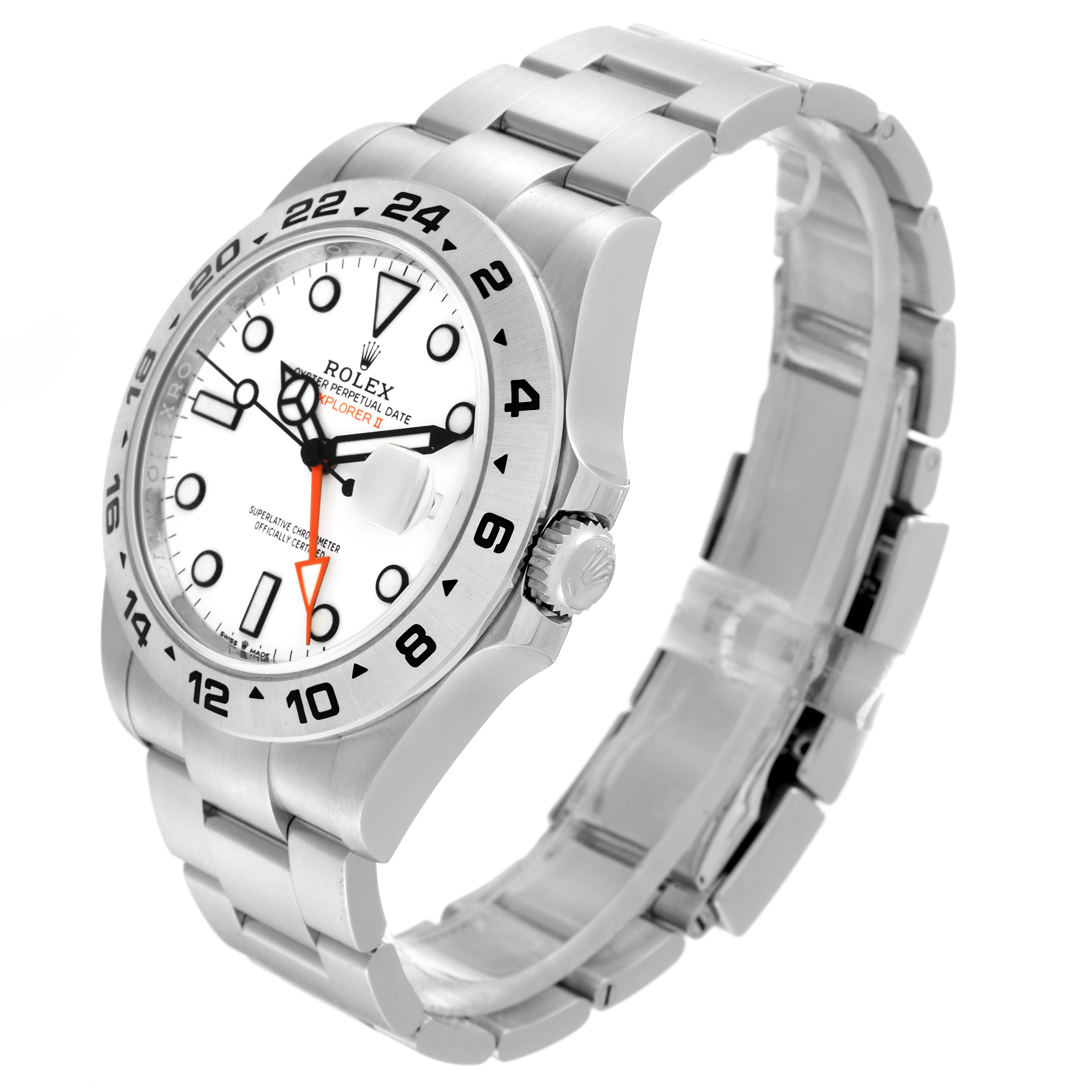 The Rolex Explorer 226570 Men's Stainless Steel White Dial 226570 Men's Stainless Steel White Dial watch is shown at a three-quarter angle, highlighting its stainless steel case, bezel, crown, and bracelet.