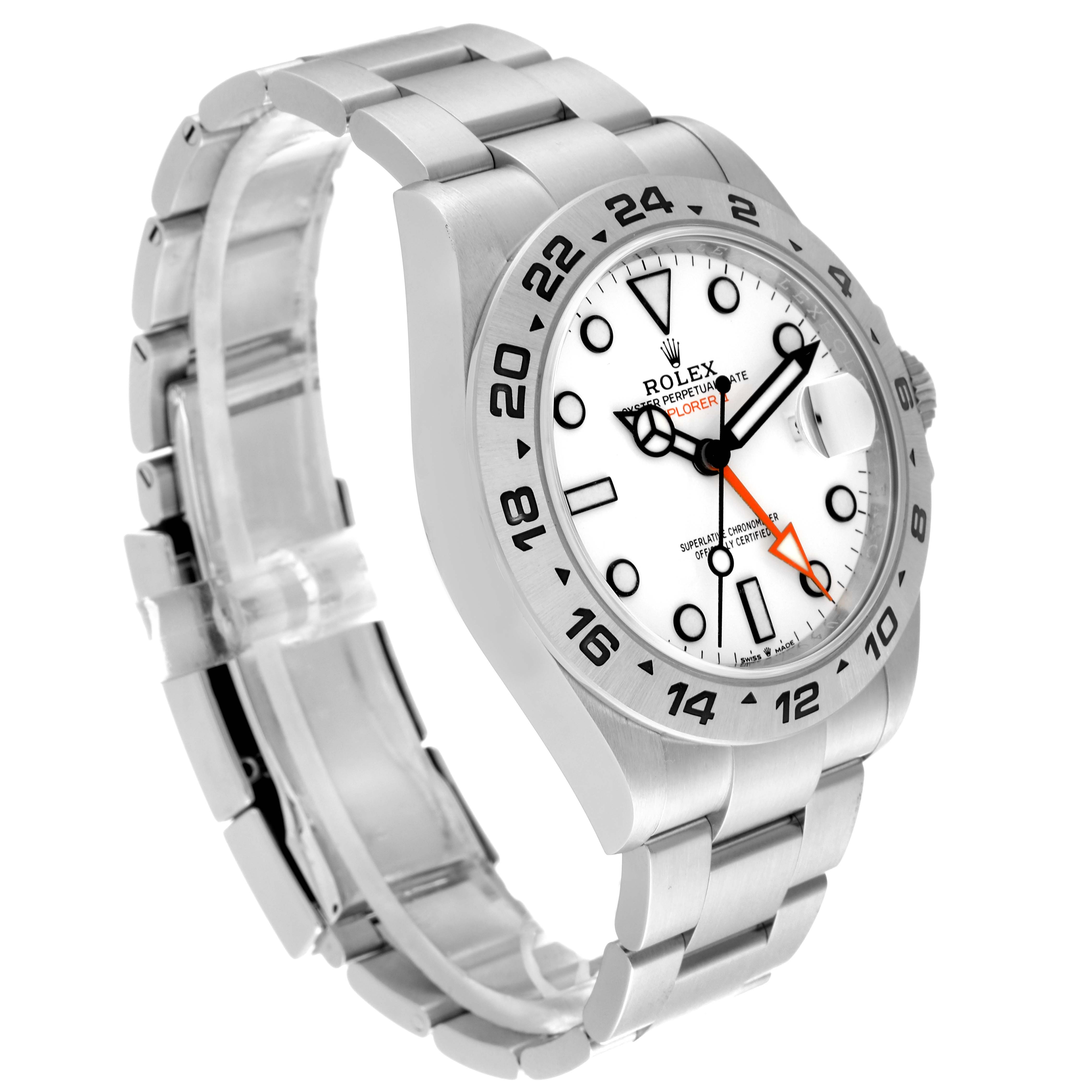 The image shows a side view of the Rolex Explorer 226570 Men's Stainless Steel White Dial 226570 Men's Stainless Steel White Dial watch, highlighting the bezel, dial, and stainless steel bracelet.